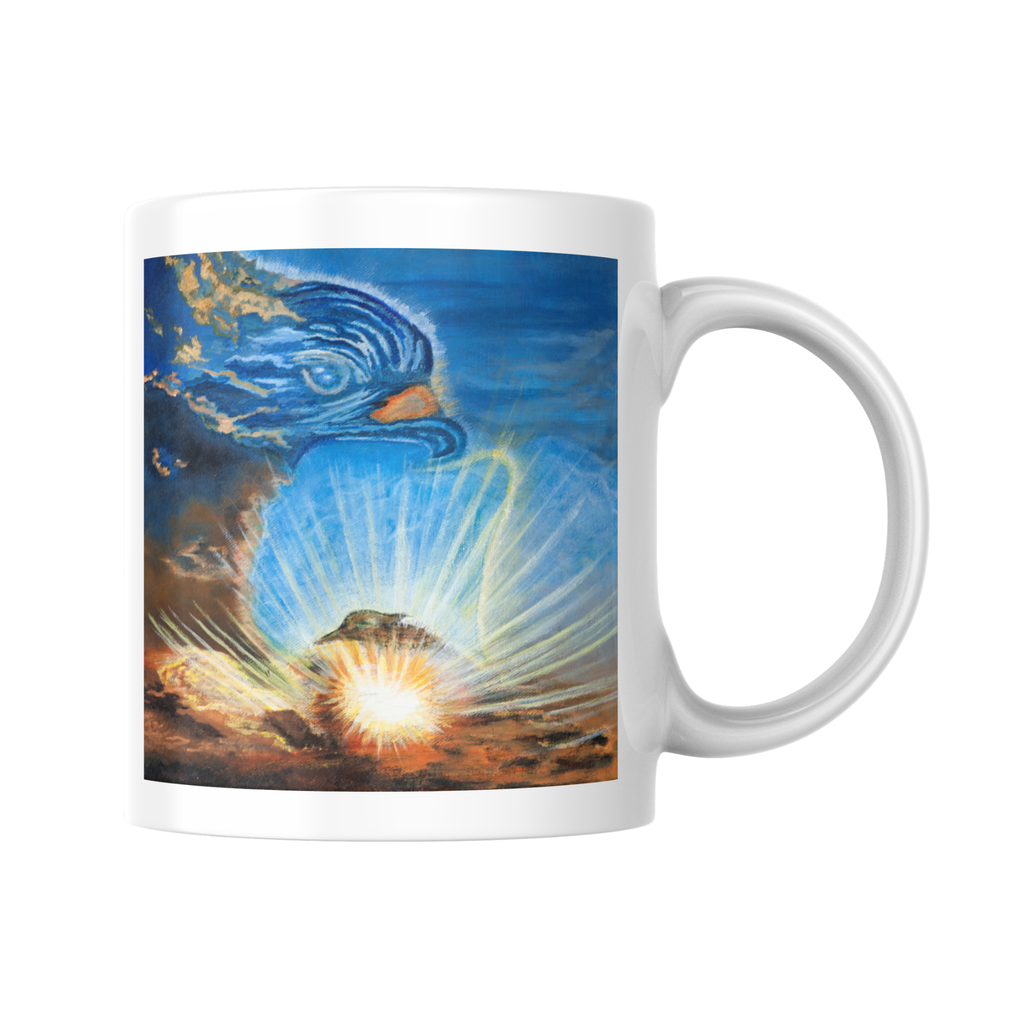 Messenger in the Sky Mug – Ceramic Mug with Surreal Cloud Bird & Sunburst Artwork