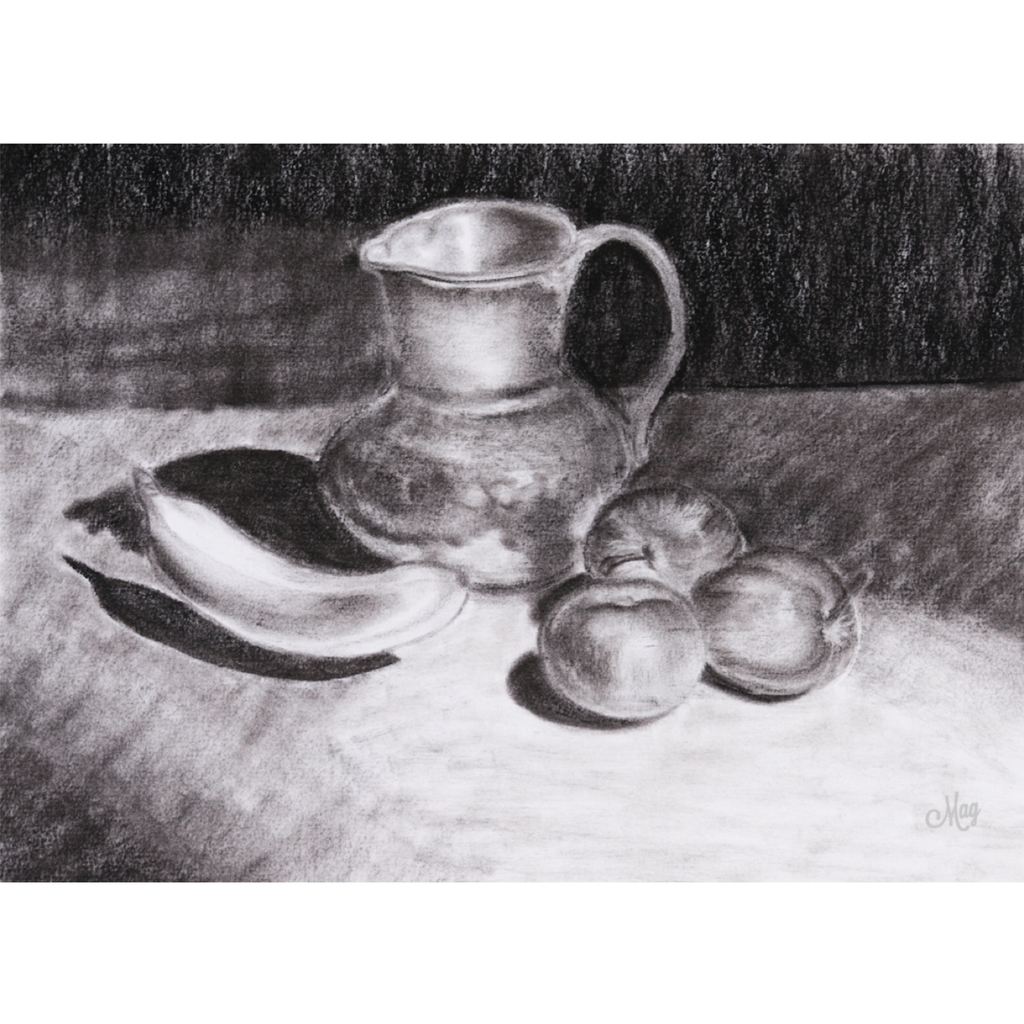 Still Life with Pitcher and Fruit – Charcoal Art Greeting Card (Original Drawing)