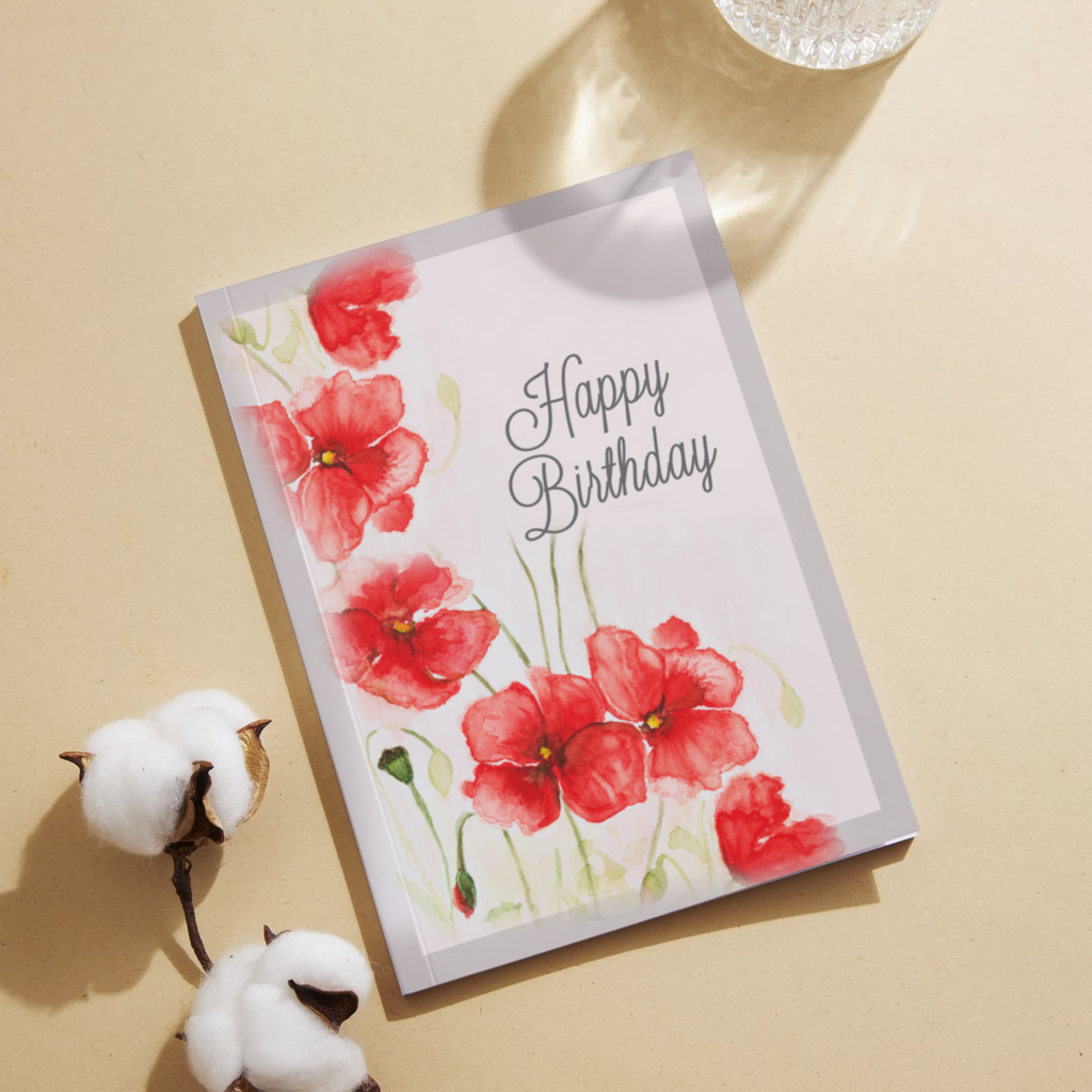 Poppy Blush Card – Happy Birthday Greeting Card with Watercolor Red Poppies