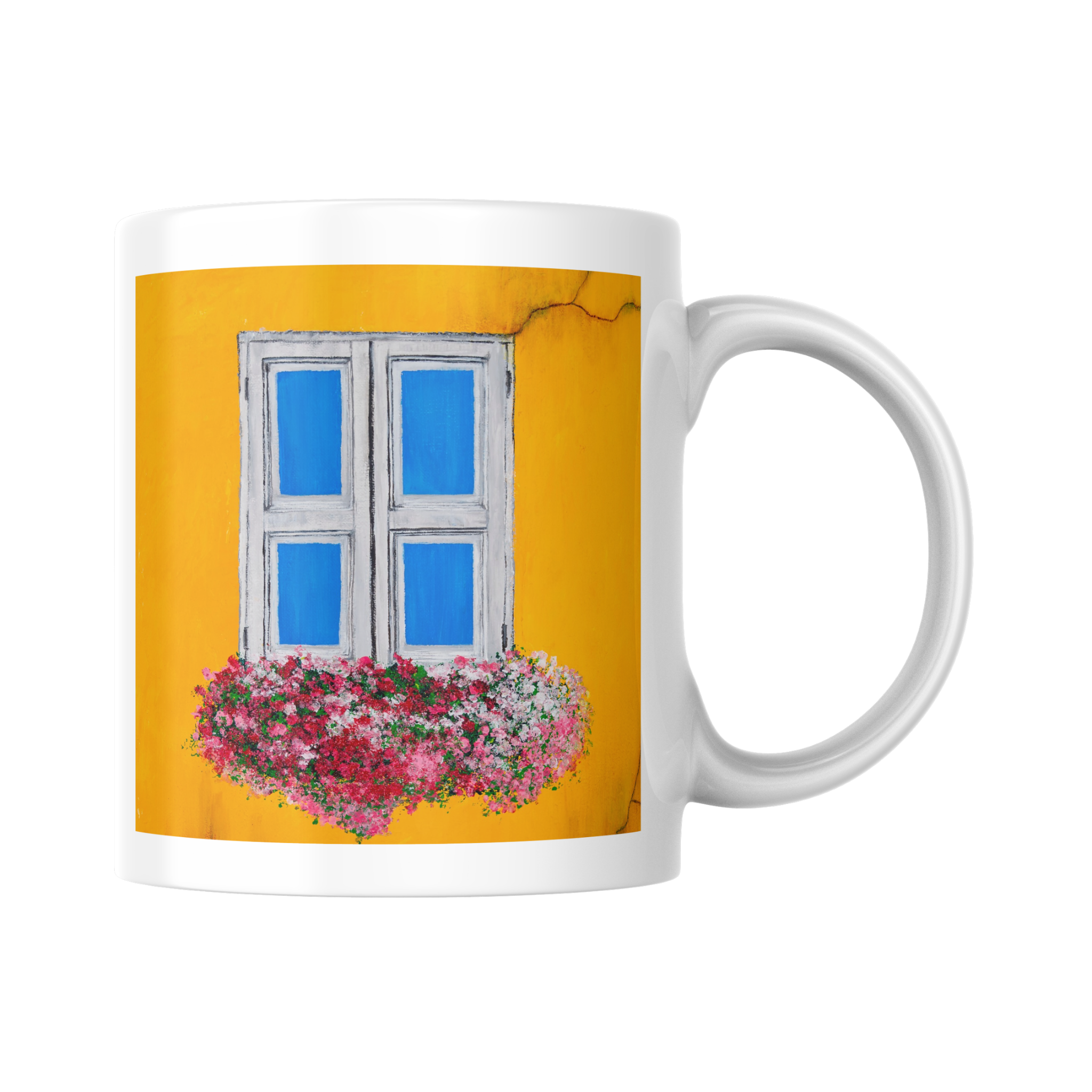 Window Bloom Mug – Ceramic Mug with Vibrant Rustic Window & Floral Artwork