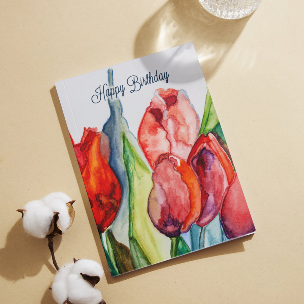 Tulip Joy Card – Happy Birthday Greeting Card with Watercolor Tulips