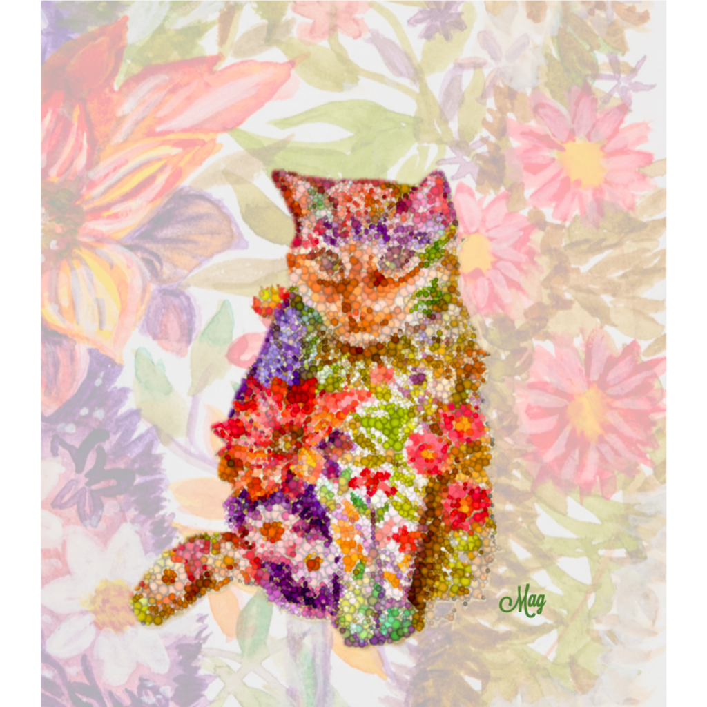 Floral Pointillism Cat Canvas Print – A3 Vibrant Whimsical Wall Art