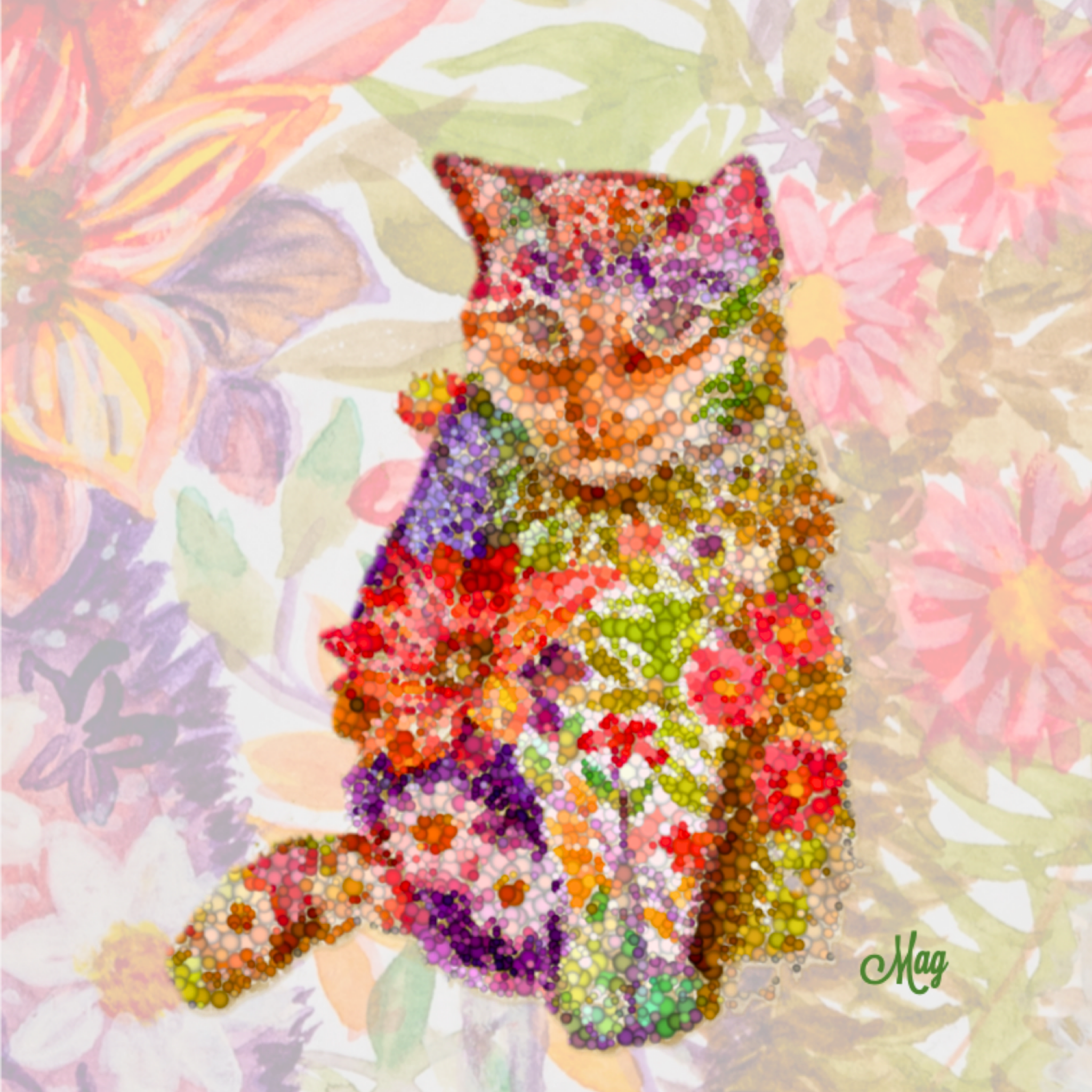 Floral Pointillism Cat Canvas Print – A3 Vibrant Whimsical Wall Art