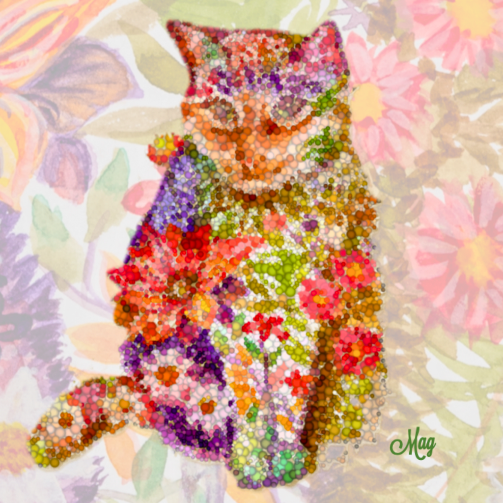 Floral Pointillism Cat Canvas Print – A3 Vibrant Whimsical Wall Art