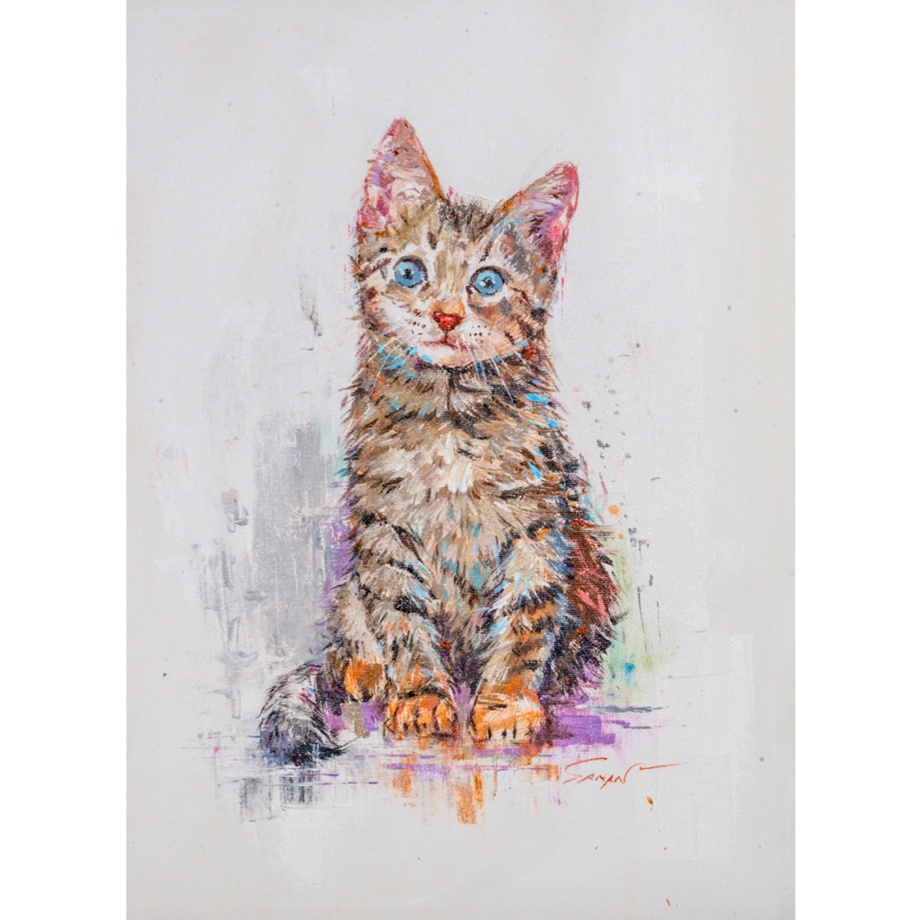 Blue-Eyed Tabby Kitten Canvas Print – A3 Adorable Pet Portrait Wall Art