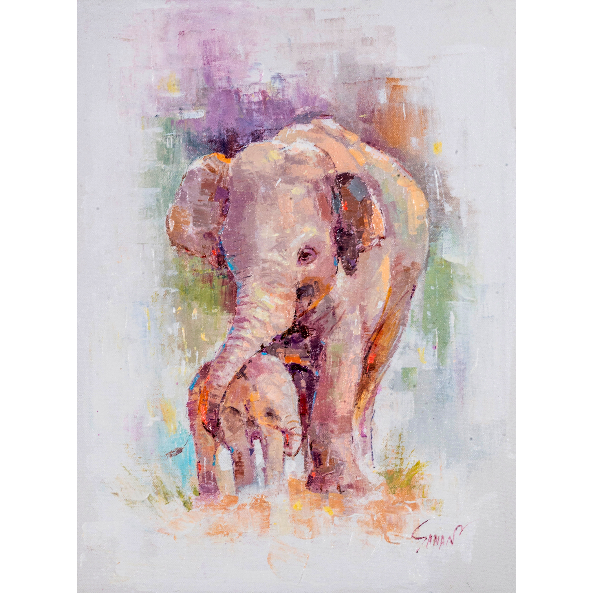Elephant Mother & Baby Canvas Print – A3 Tender Wildlife Wall Art