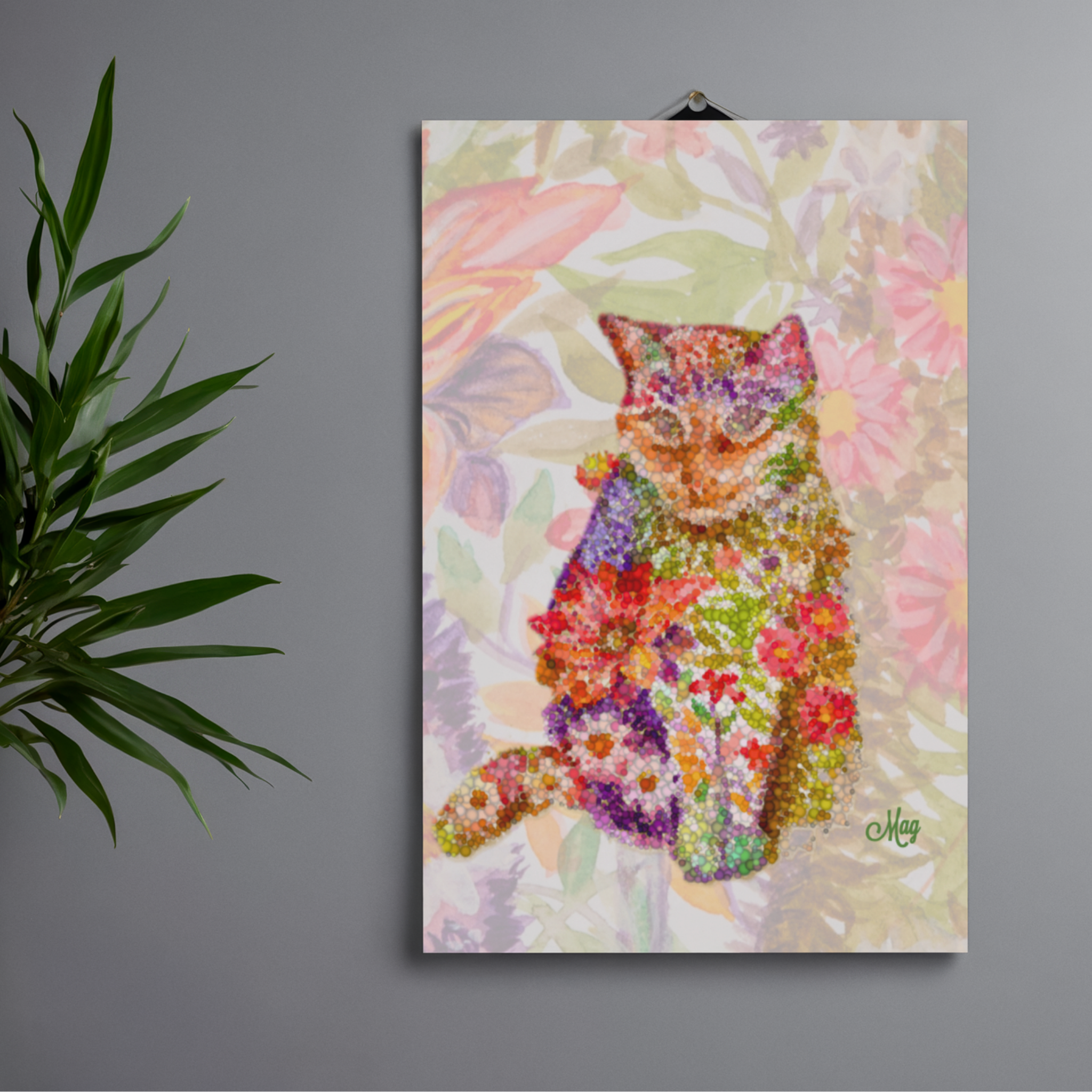Floral Pointillism Cat Canvas Print – A3 Vibrant Whimsical Wall Art