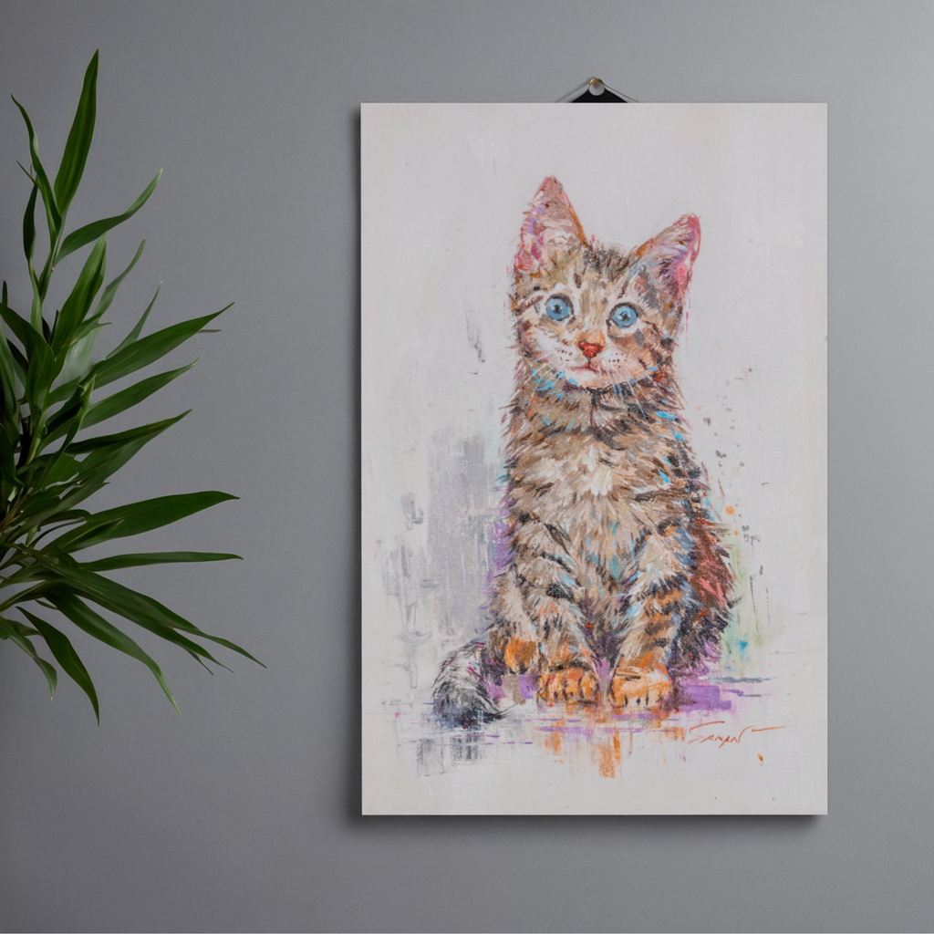 Blue-Eyed Tabby Kitten Canvas Print – A3 Adorable Pet Portrait Wall Art