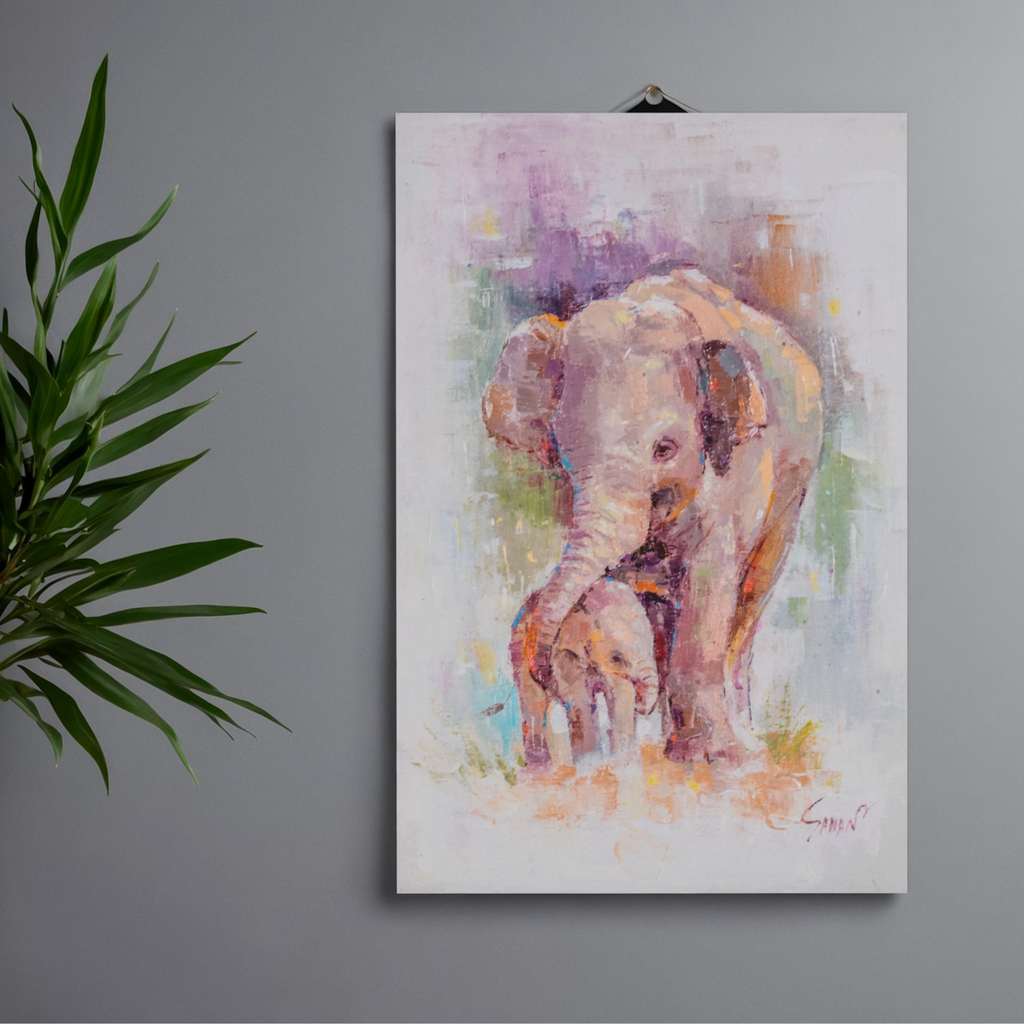 Elephant Mother & Baby Canvas Print – A3 Tender Wildlife Wall Art