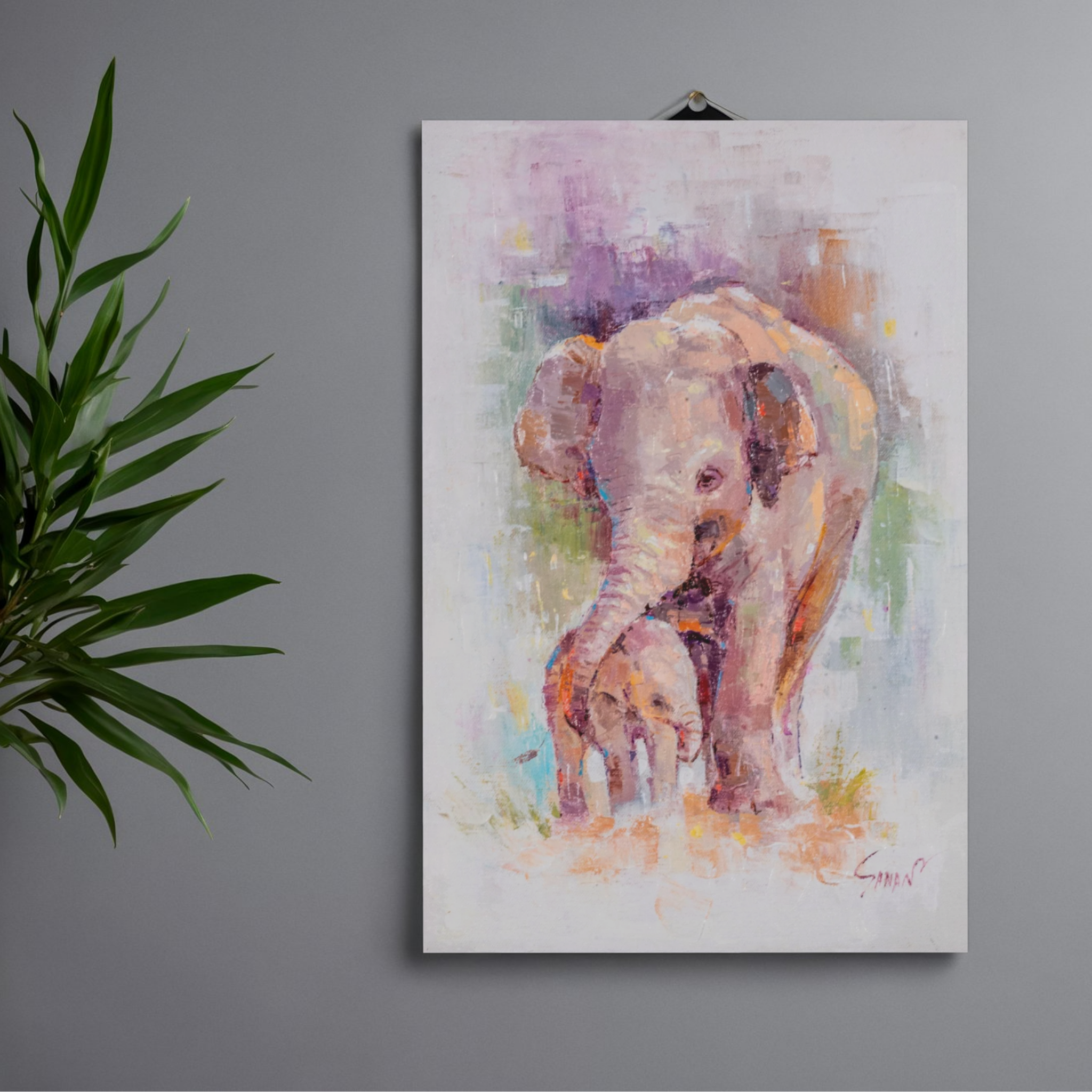 Elephant Mother & Baby Canvas Print – A3 Tender Wildlife Wall Art