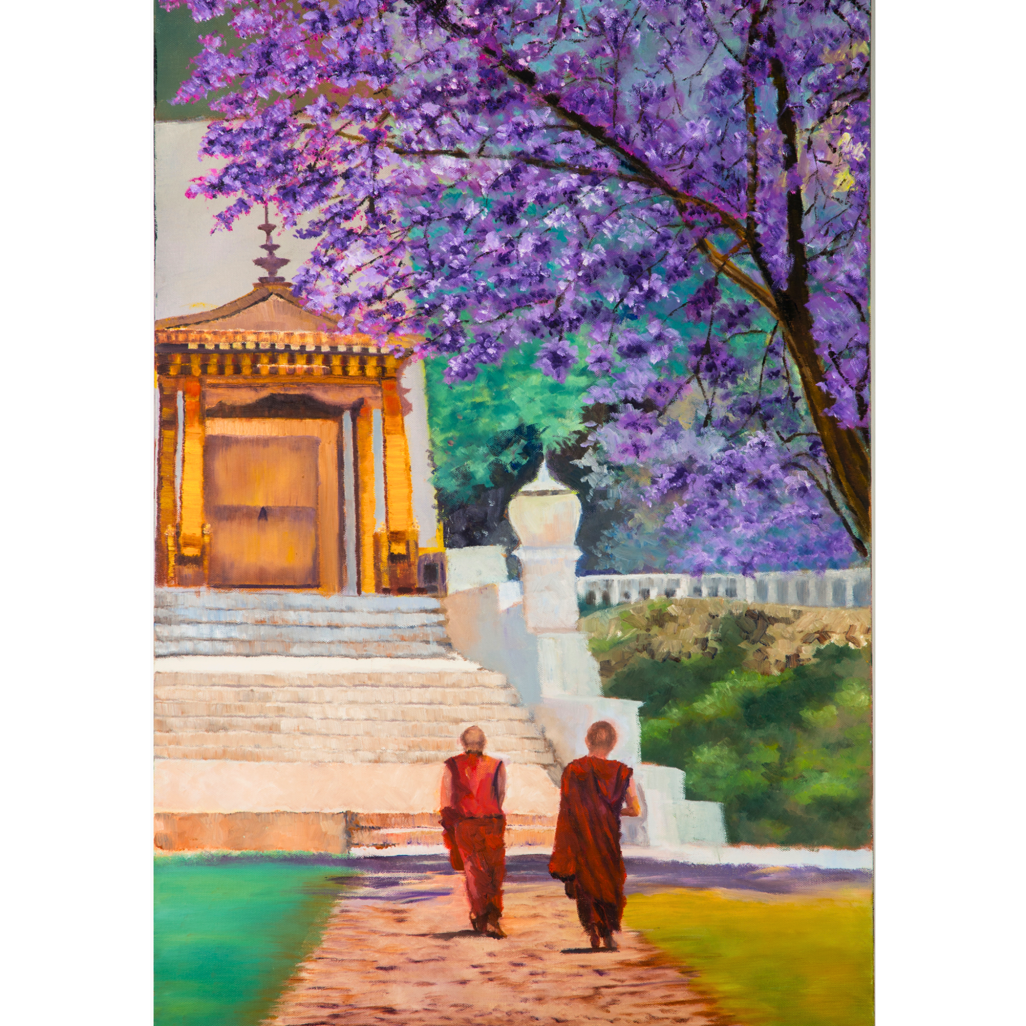 Temple Path Canvas Print – A3 Spiritual Landscape Wall Art with Purple Blossoms