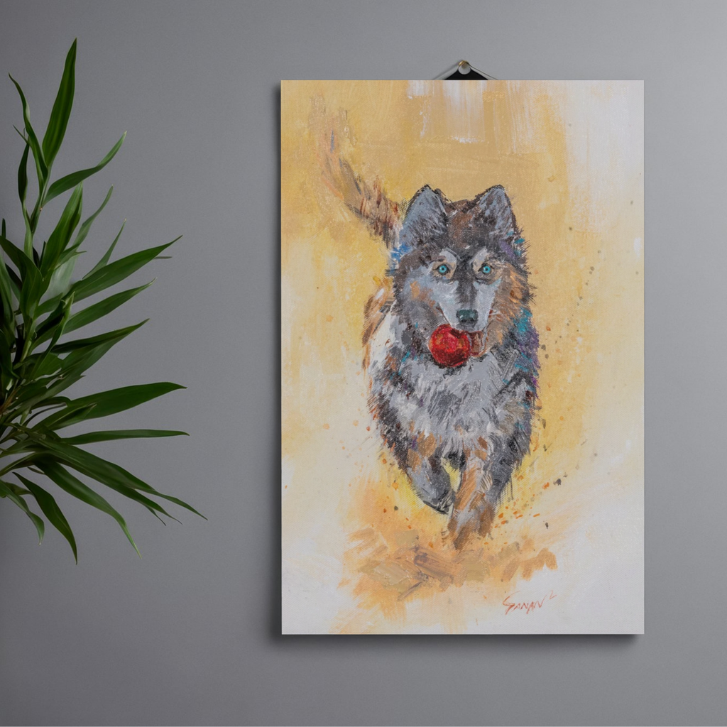 Playful Husky with Red Ball Canvas Print – A3 Energetic Dog Wall Art