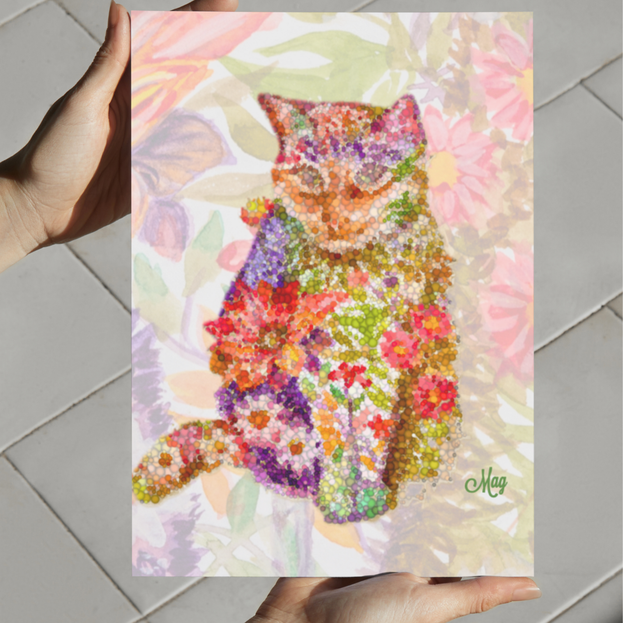 Floral Pointillism Cat Canvas Print – A3 Vibrant Whimsical Wall Art