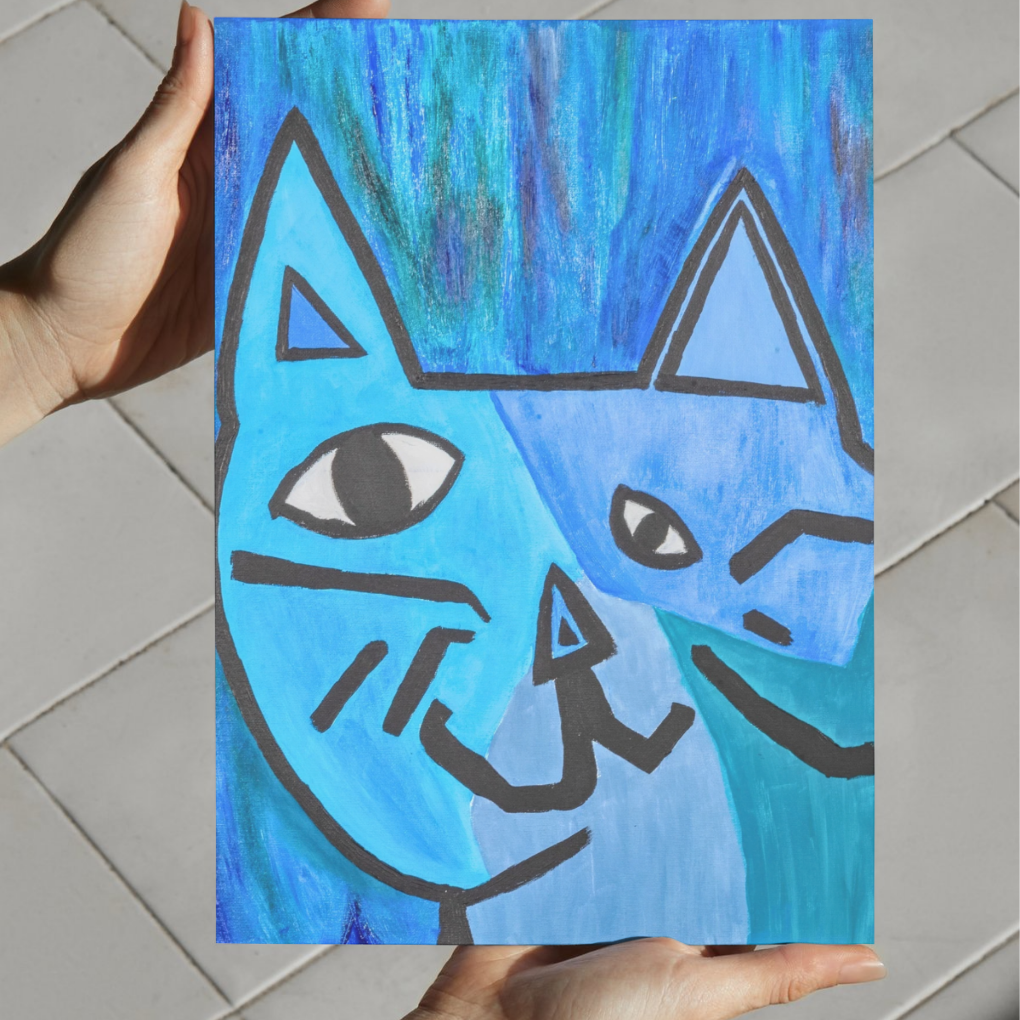Picasso-Inspired Blue Cat Canvas Print – A3 Bold Abstract Wall Art