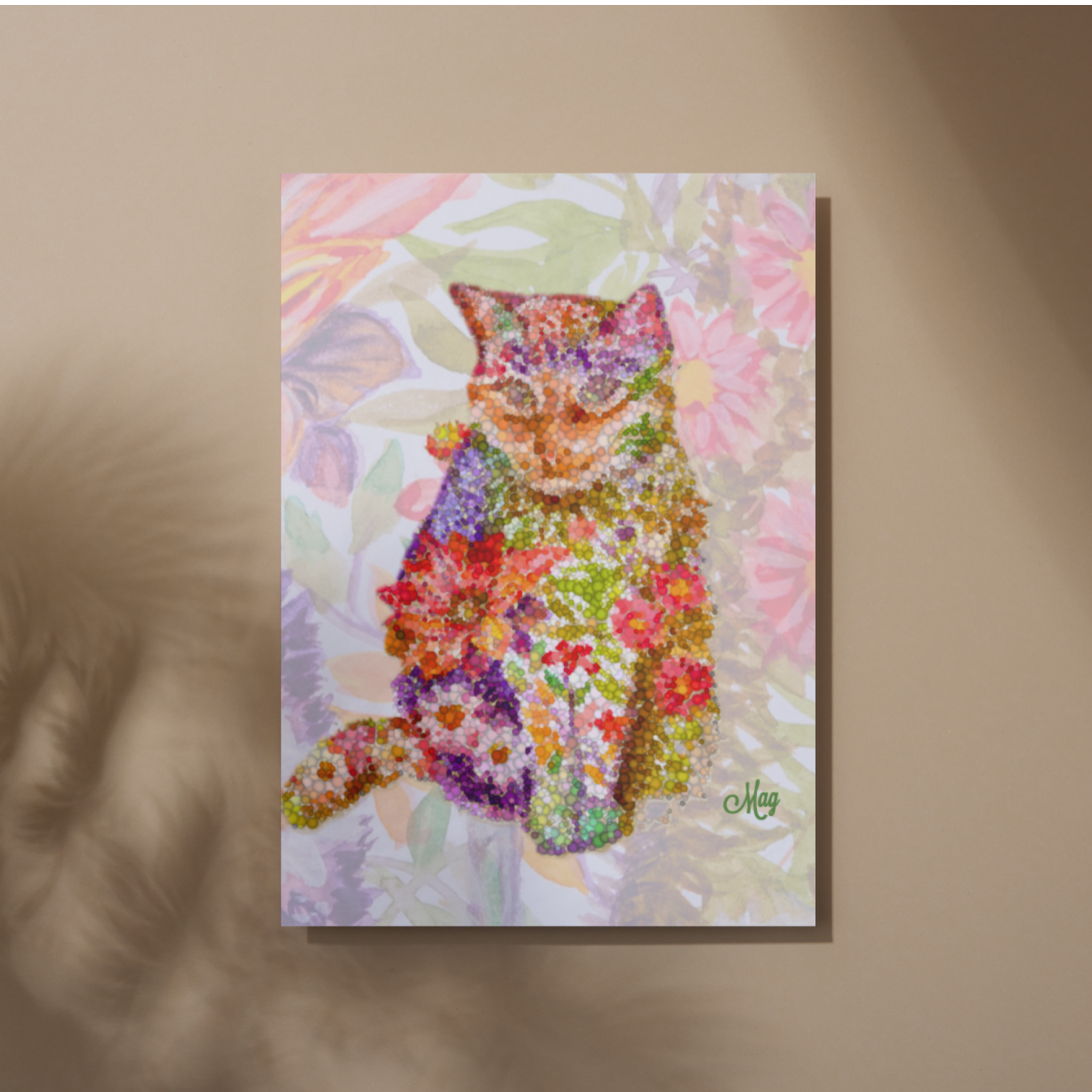 Floral Pointillism Cat Canvas Print – A3 Vibrant Whimsical Wall Art