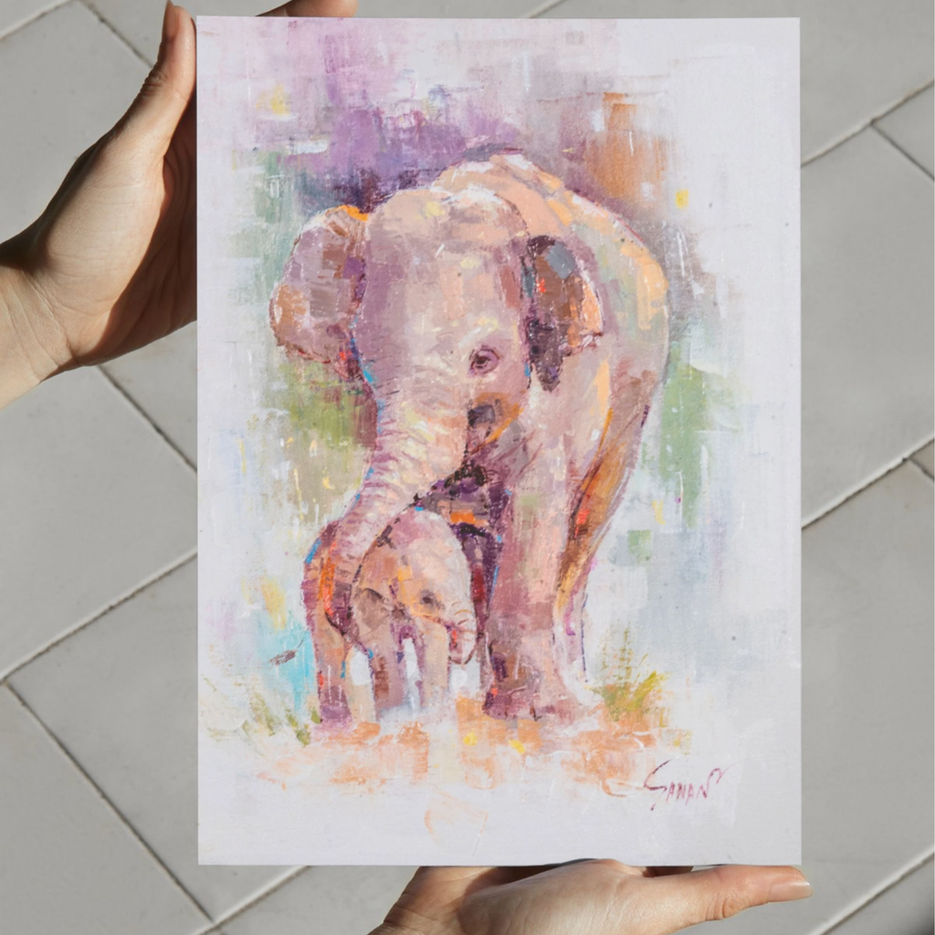 Elephant Mother & Baby Canvas Print – A3 Tender Wildlife Wall Art