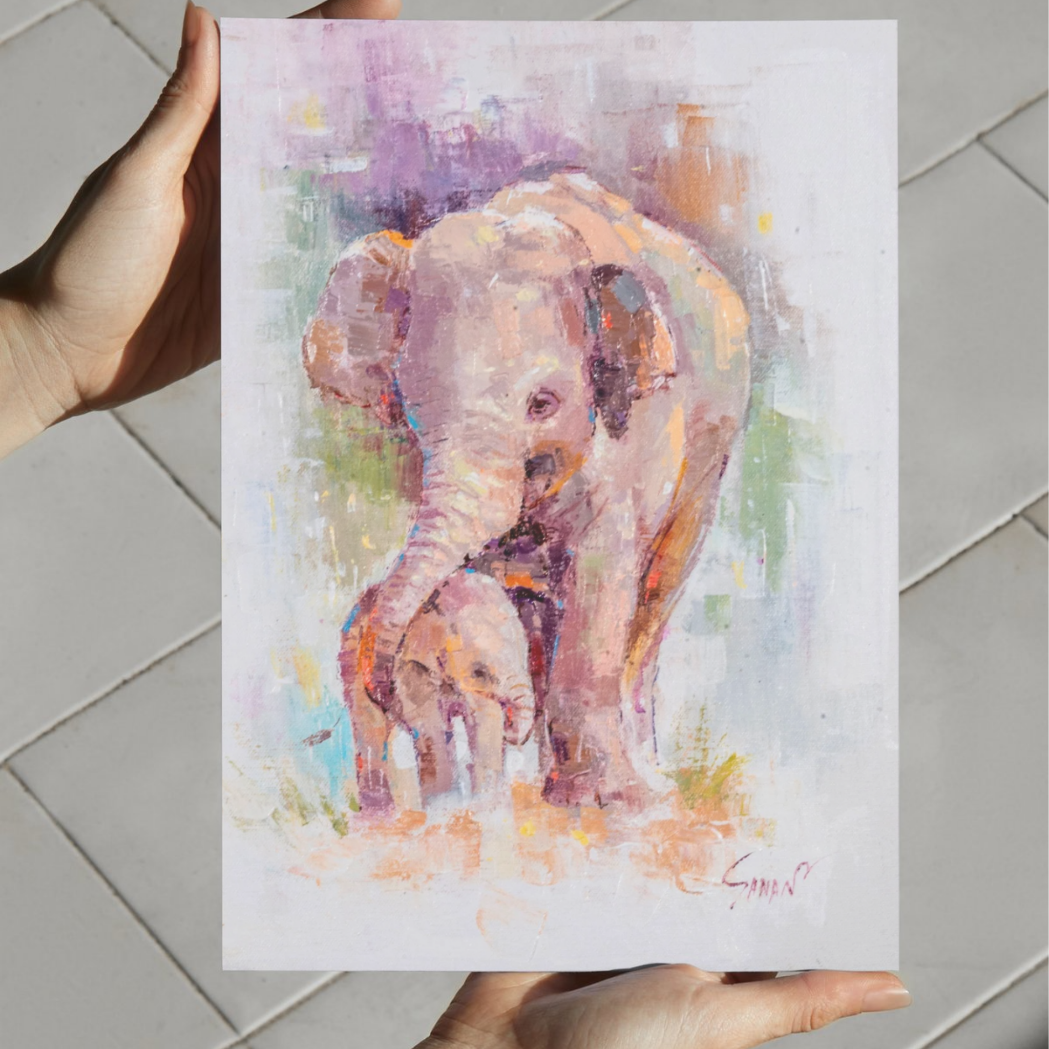 Elephant Mother & Baby Canvas Print – A3 Tender Wildlife Wall Art