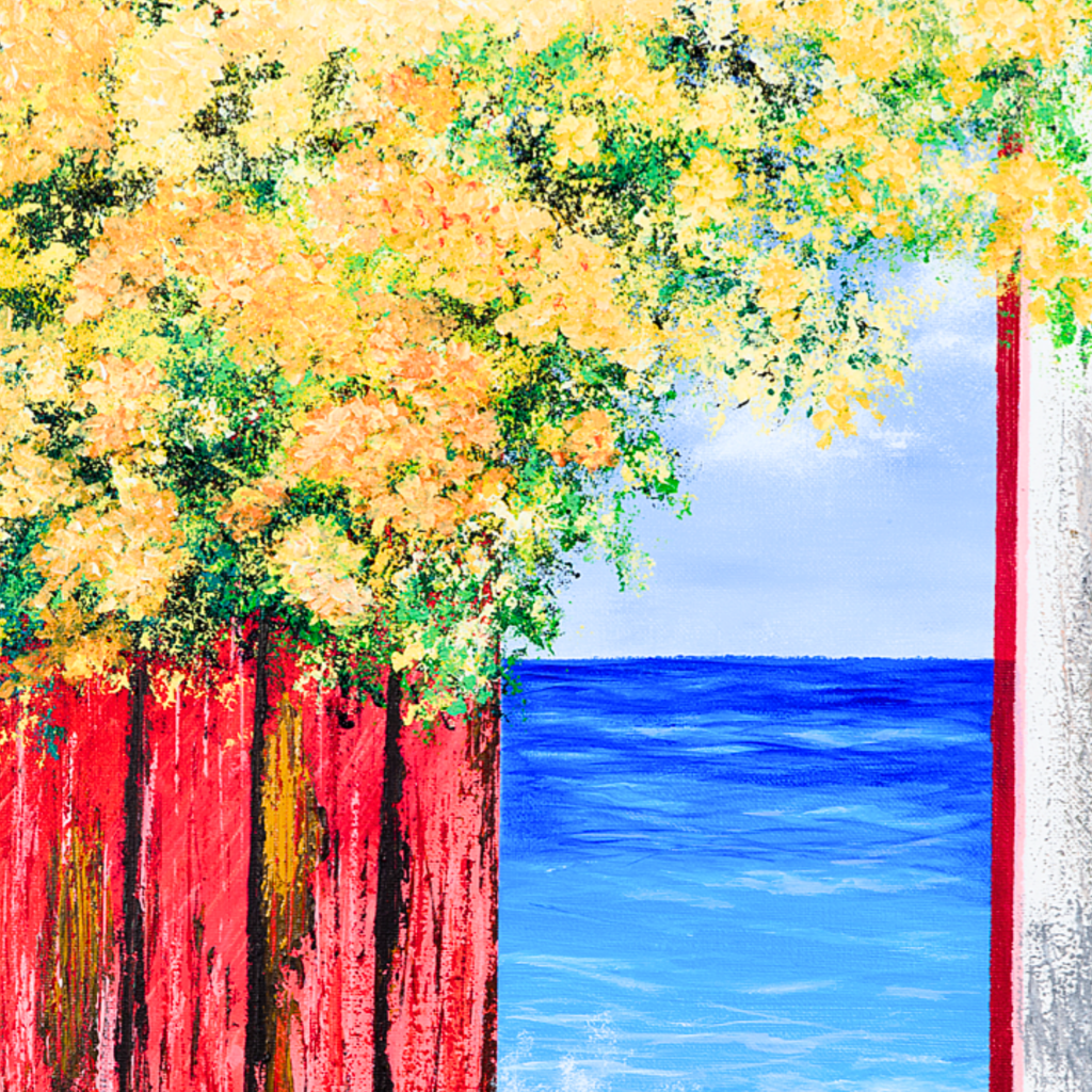 Ocean View with Blossoms Canvas Print – A3 Coastal Floral Landscape Wall Art