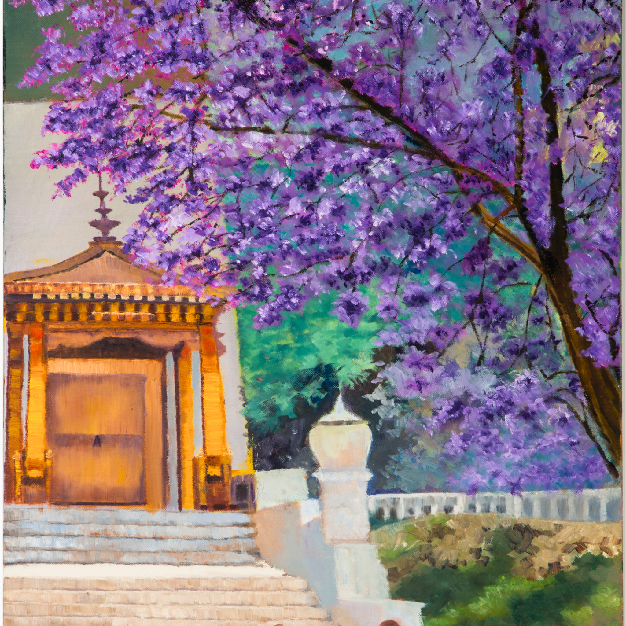 Temple Path Canvas Print – A3 Spiritual Landscape Wall Art with Purple Blossoms