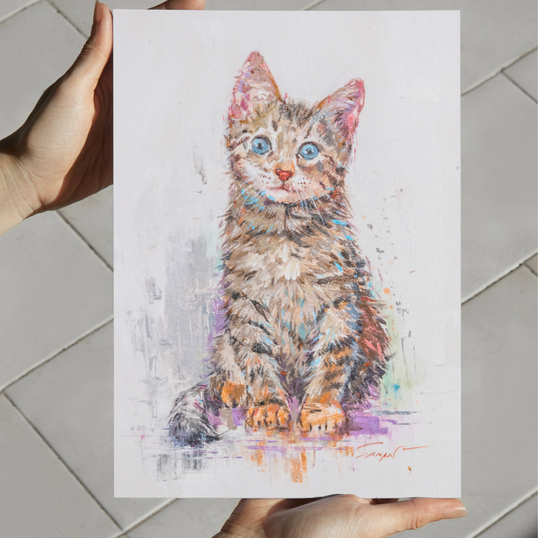 Blue-Eyed Tabby Kitten Canvas Print – A3 Adorable Pet Portrait Wall Art