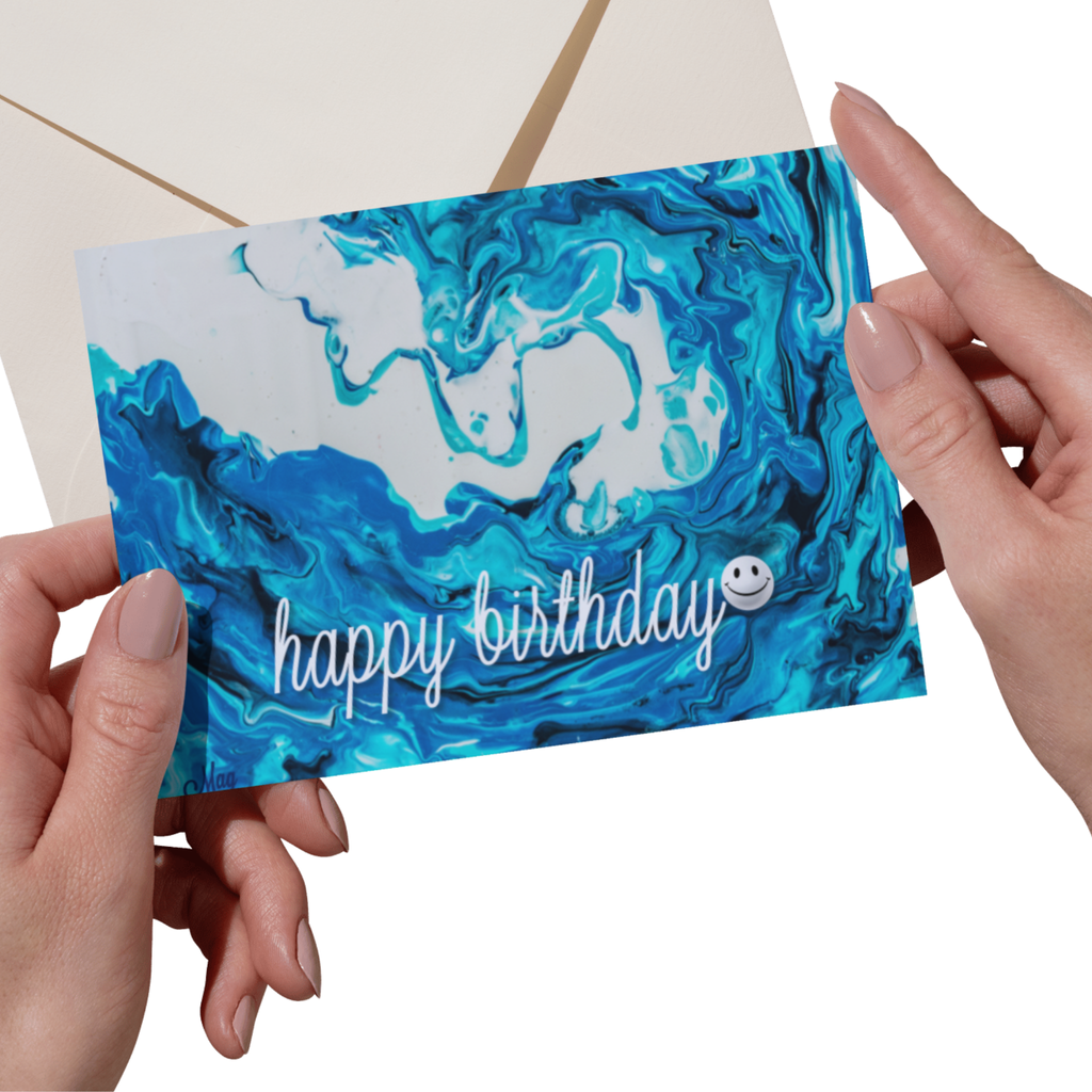 Ocean Swirl Card – Happy Birthday Greeting Card with Acrylic Pour Wave & Smiley Detail