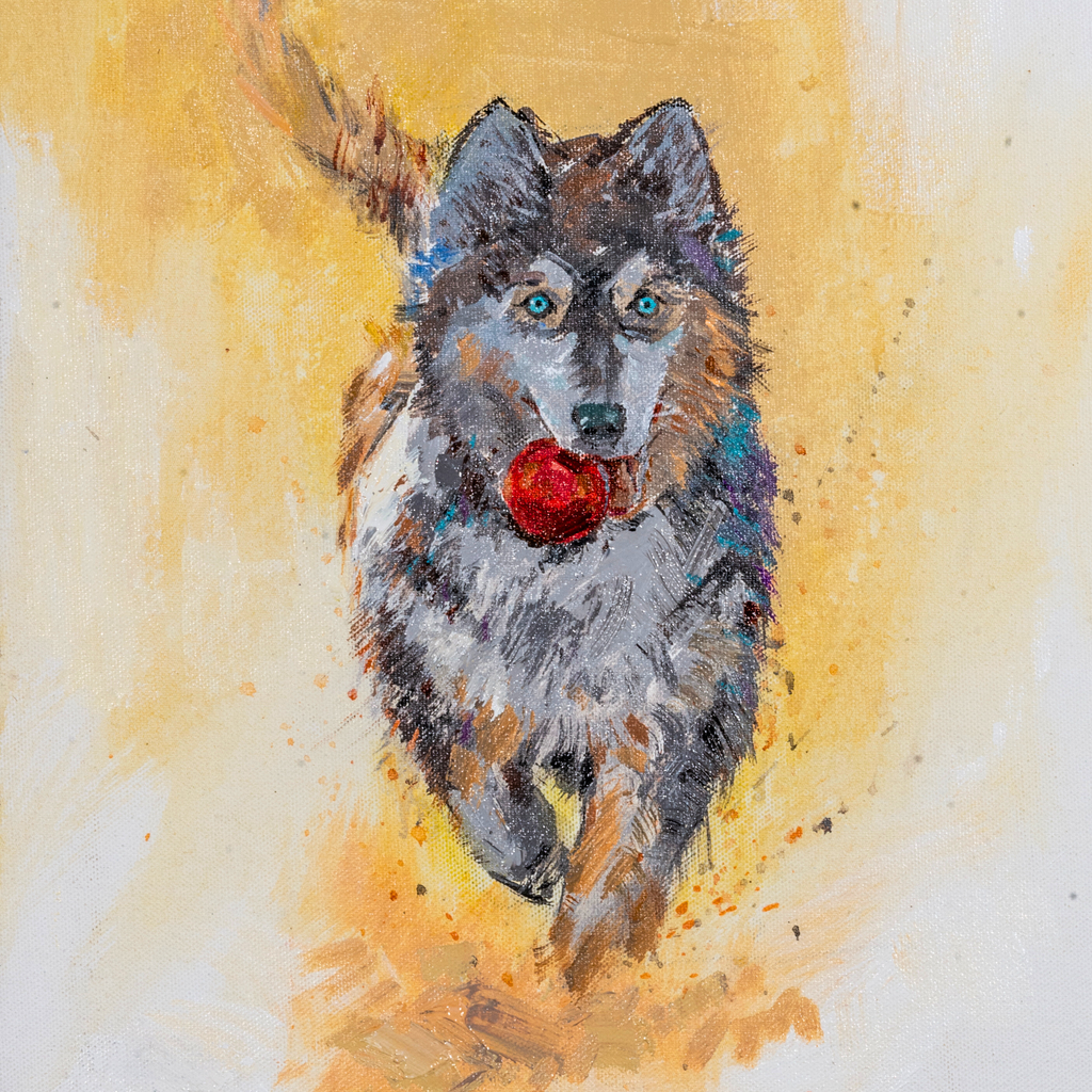 Playful Husky with Red Ball Mug – Energetic Dog Ceramic Coffee Mug