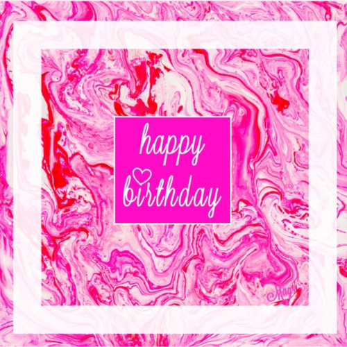 Acrylic Flow Card – Happy Birthday Greeting Card with Pink Marbled Background & Heart Accent
