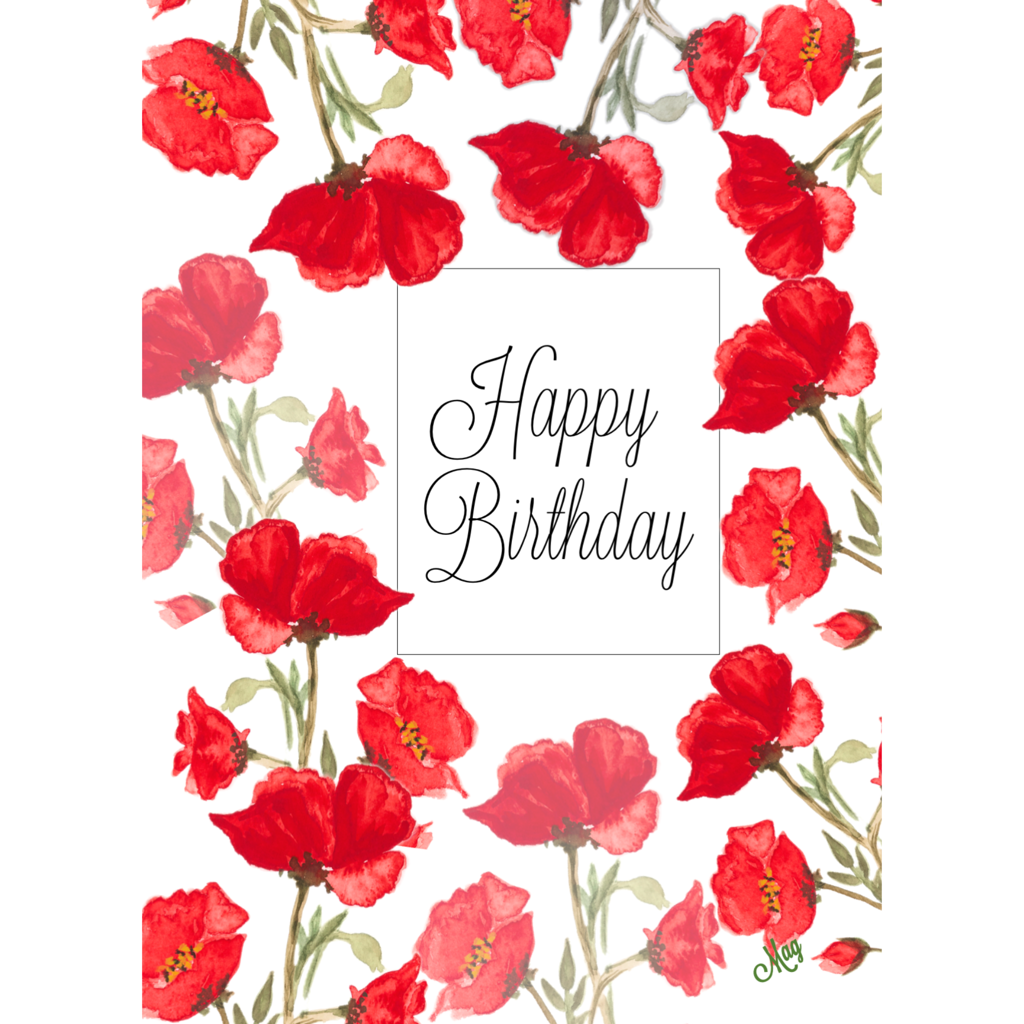 Poppy Frame Card – Happy Birthday Greeting Card with Watercolor Red Poppies