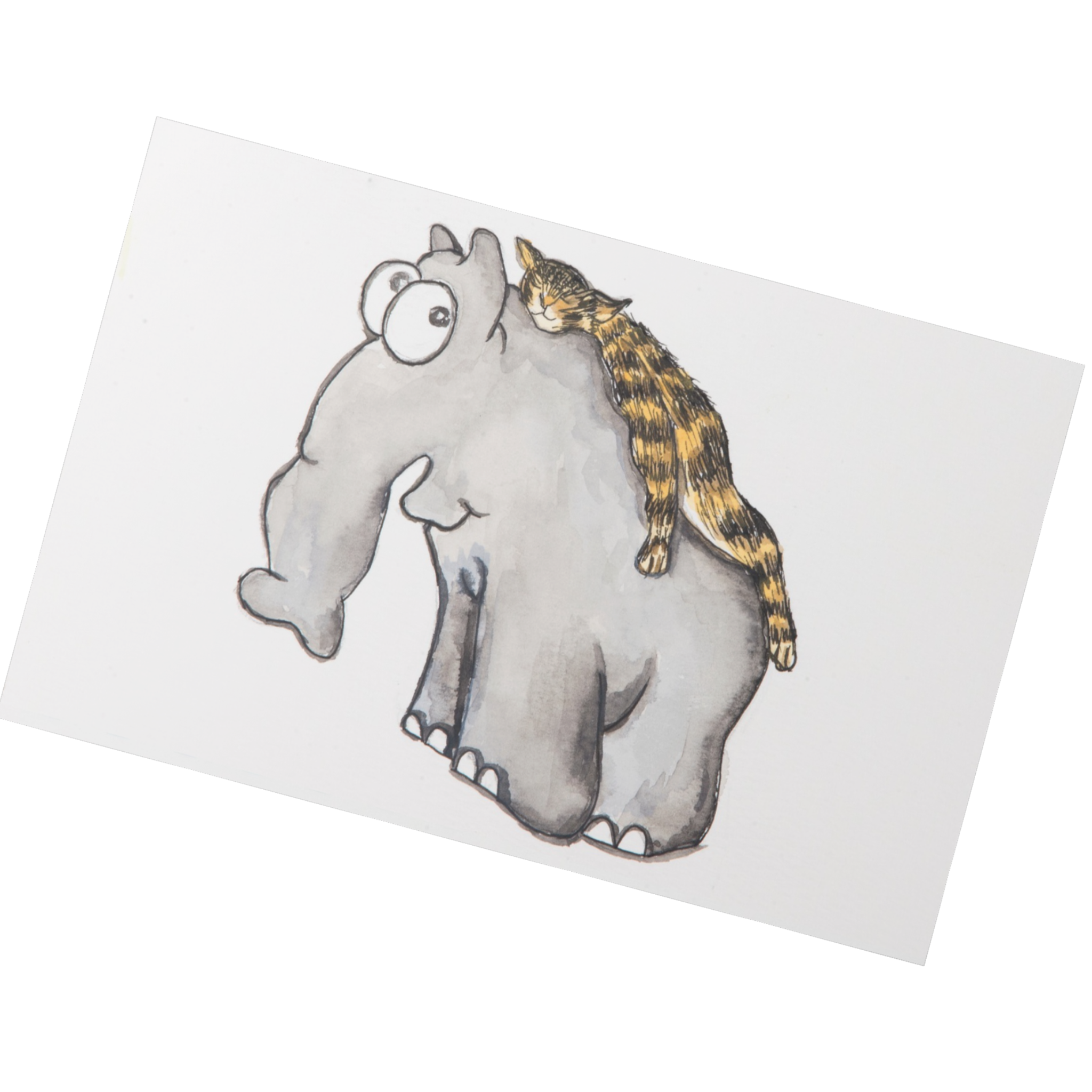 Elephant & Cat Inspired Watercolor Art Card – Playful Companionship
