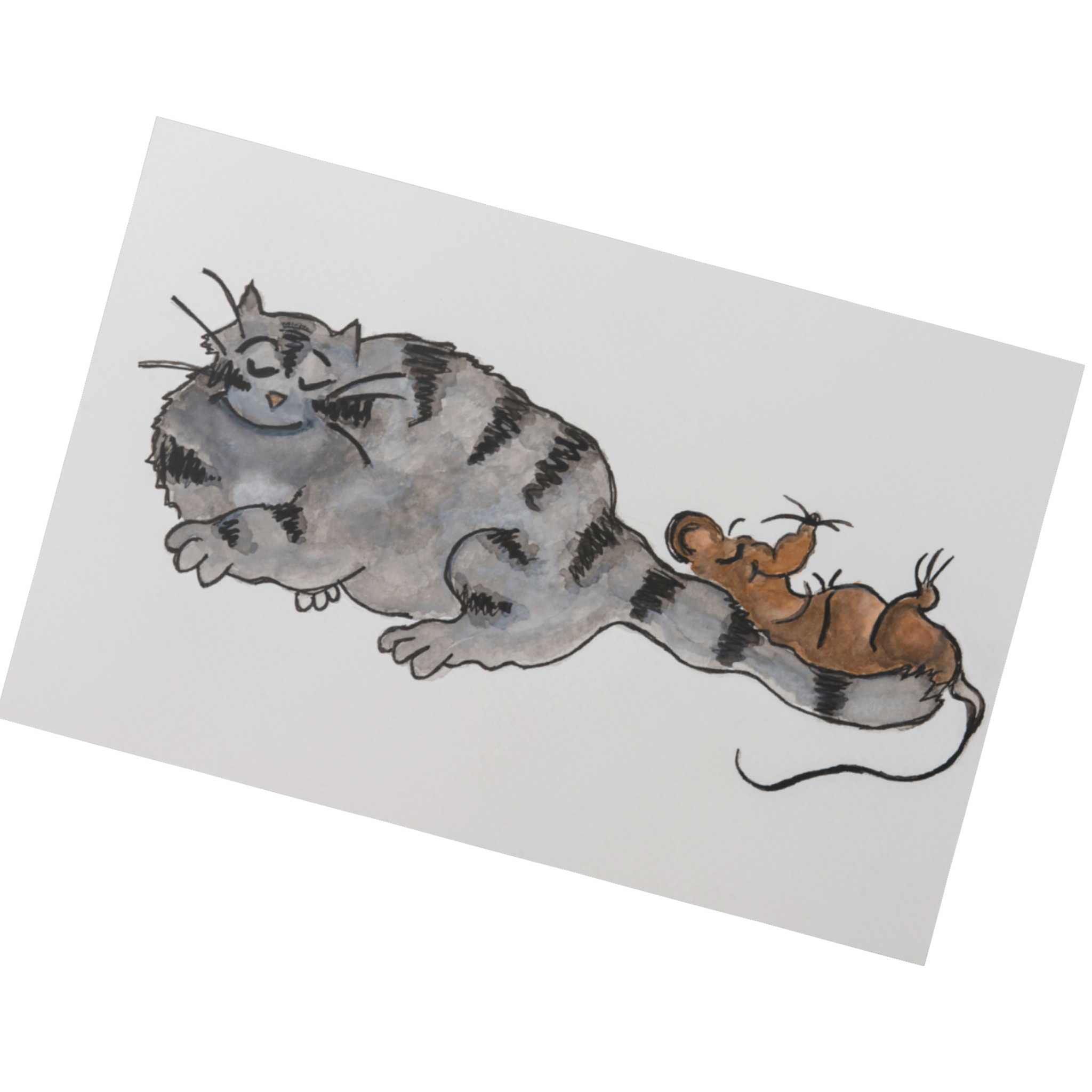Cat & Mouse Inspired Line and Wash Art Card – Whimsical Friendship