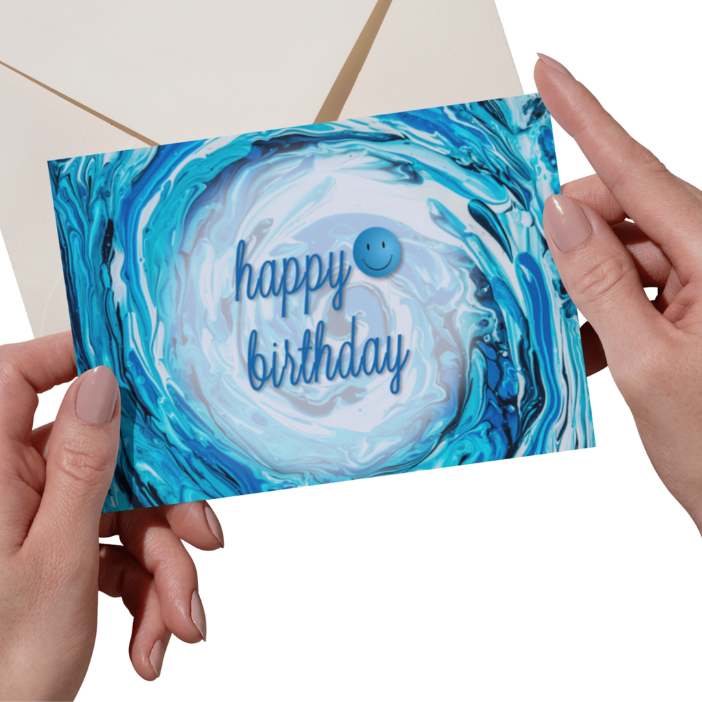 Spiral Splash Card – Happy Birthday Greeting Card with Acrylic Pour Spiral Wave & Smiley Detail