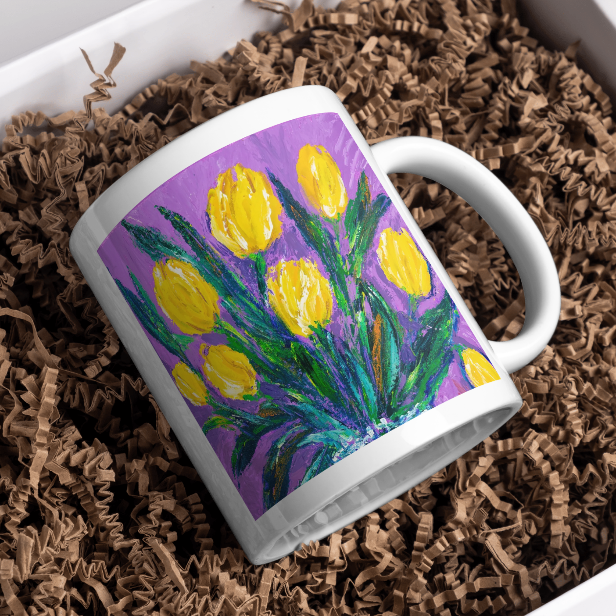 Sunlit Blooms Mug – Ceramic Mug with Yellow Tulips in a Clear Vase Artwork