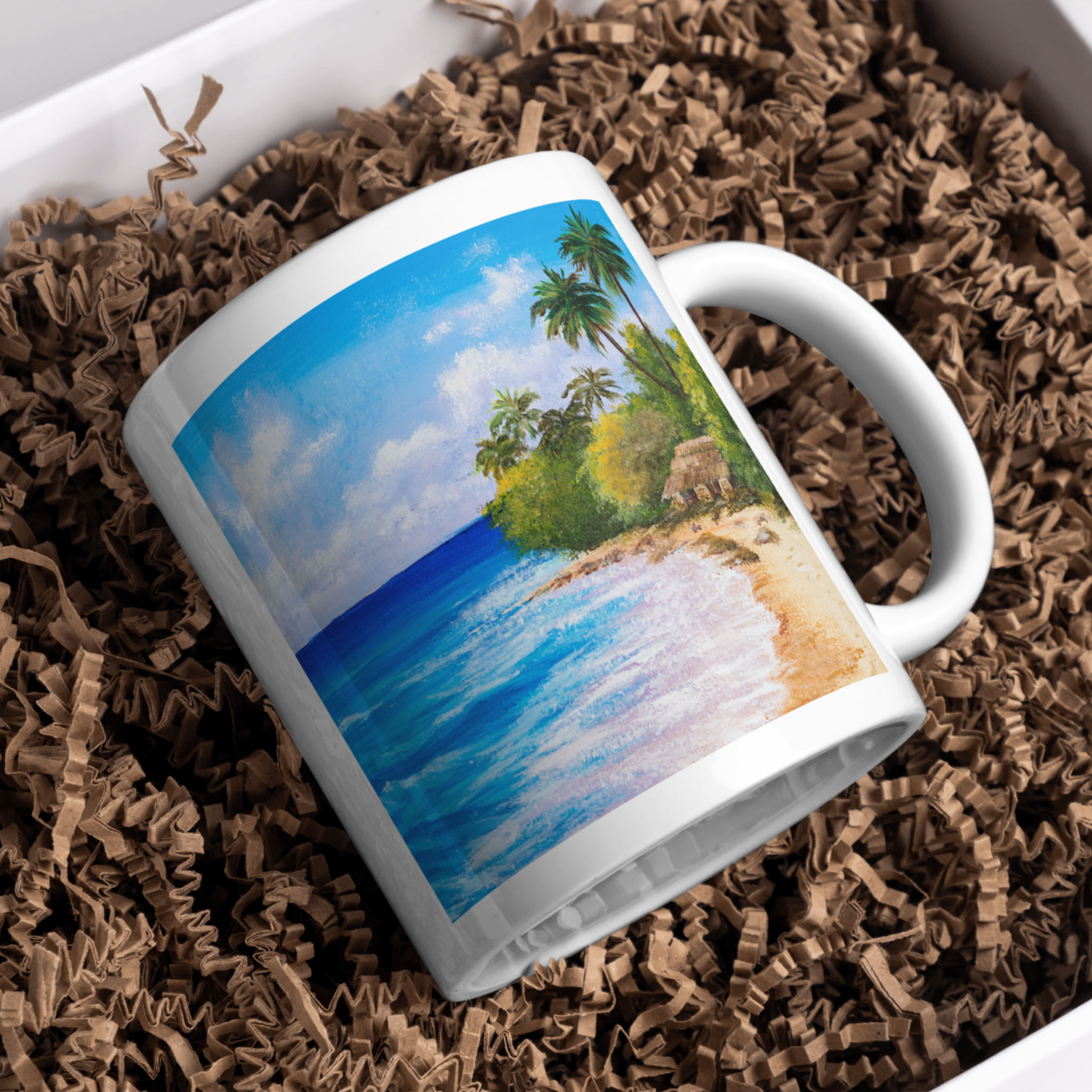 Coastal Retreat Mug – Ceramic Mug with Tropical Beach Scene & Palm Hut