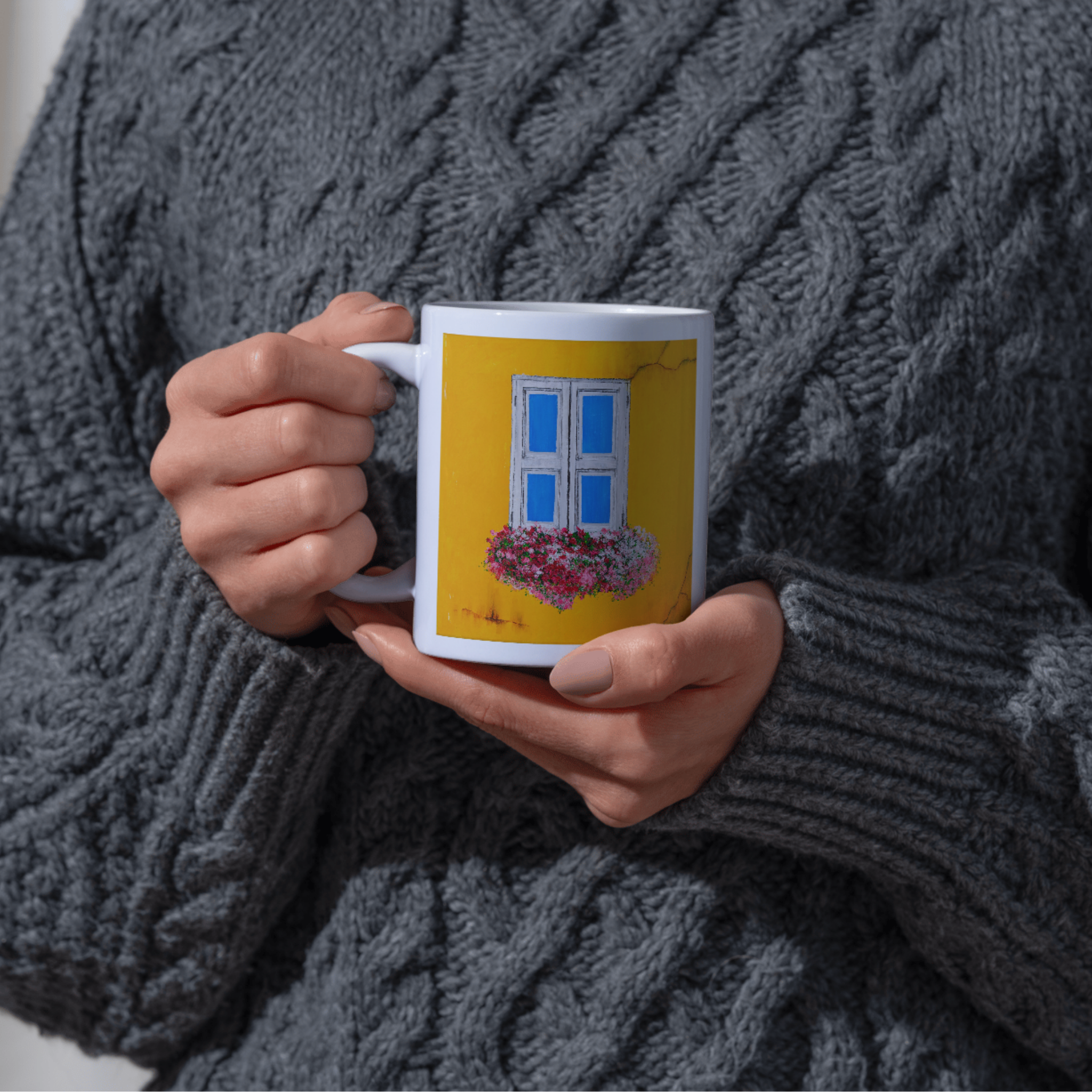 Window Bloom Mug – Ceramic Mug with Vibrant Rustic Window & Floral Artwork
