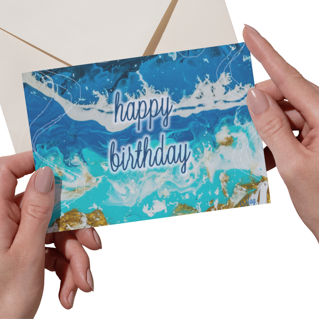 Shoreline Radiance Card – Happy Birthday Greeting Card with Acrylic Pour Sea Shore Waves