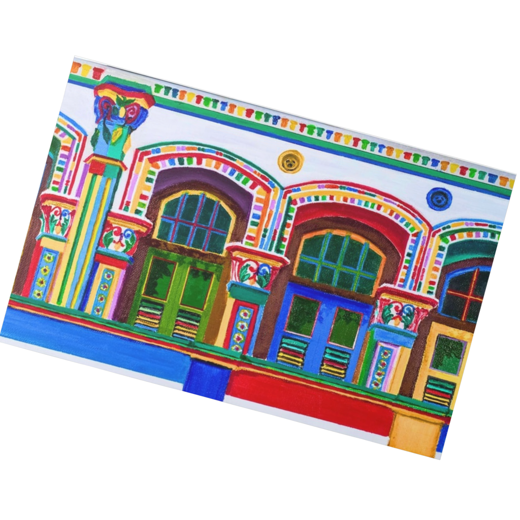 Pre‑War Heritage Row Houses Landscape Card – Acrylic Painting Design