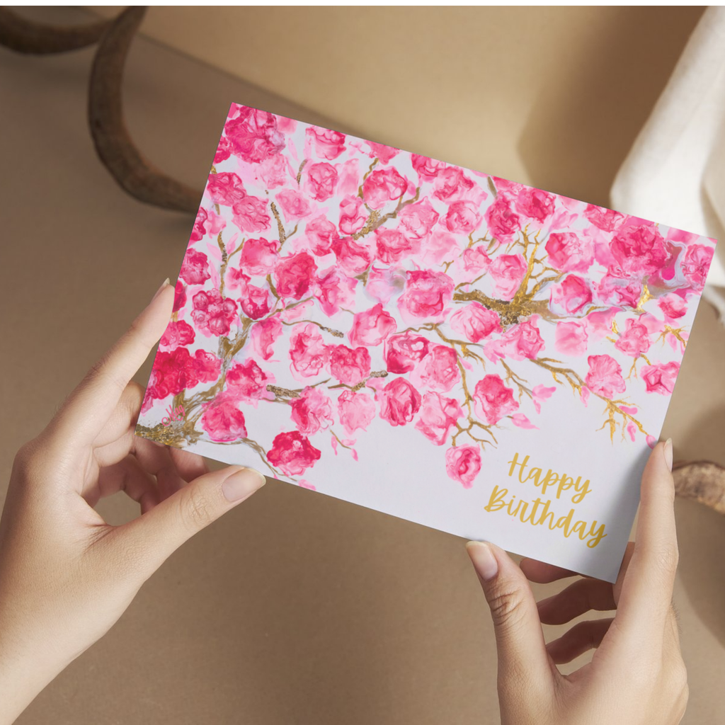Pink Blossoms Impressionist Card – Happy Birthday Greeting Card with Pink Florals & Gold Branches