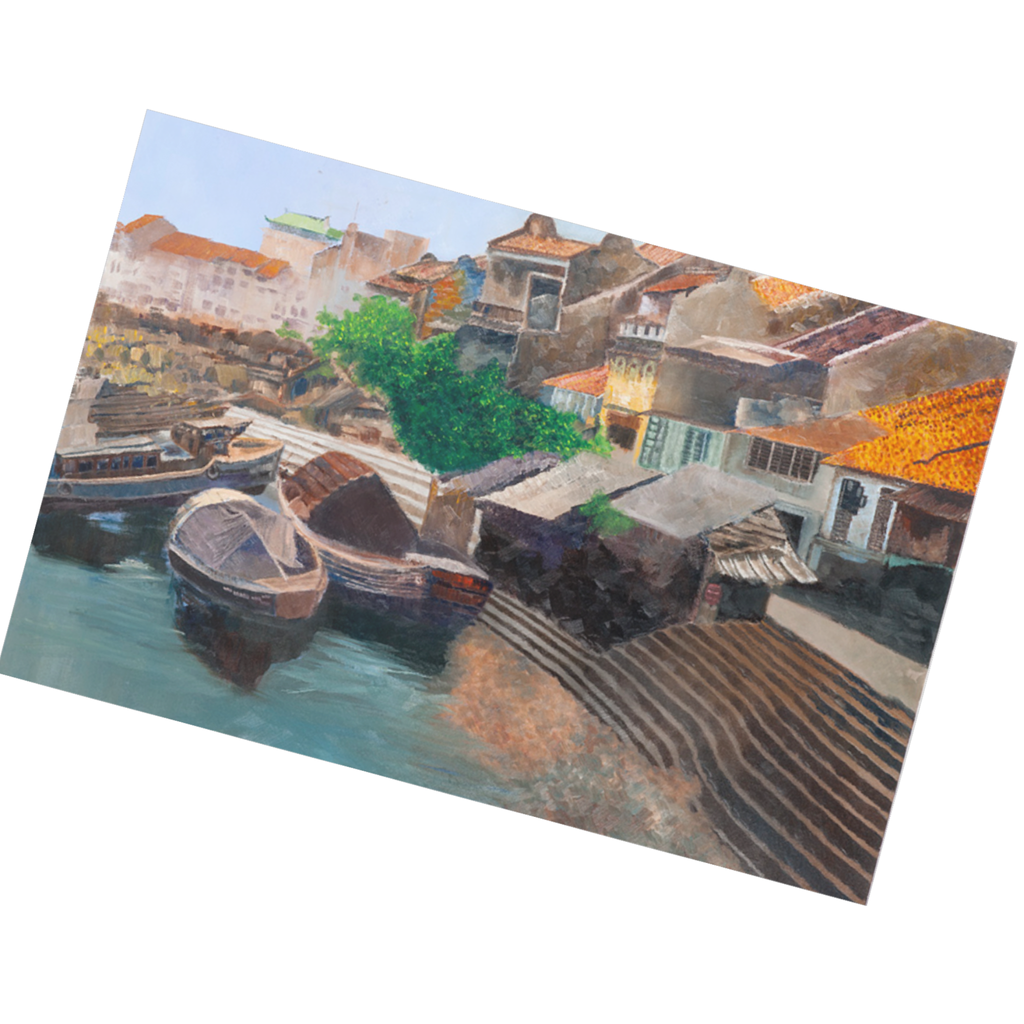 Old Boat Quay Landscape Card – Acrylic Painting Design