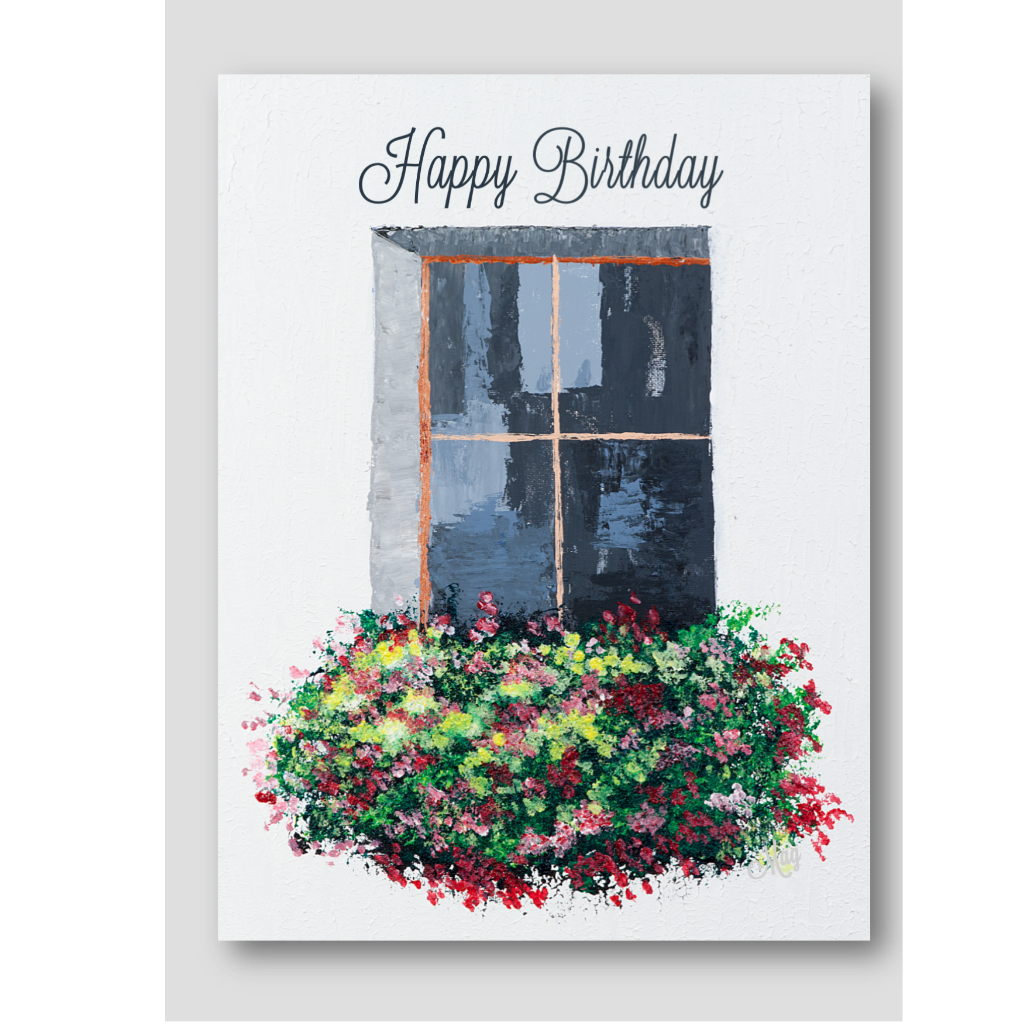 Window Garden Card – Happy Birthday Greeting Card with Painted Window & Flower Bed
