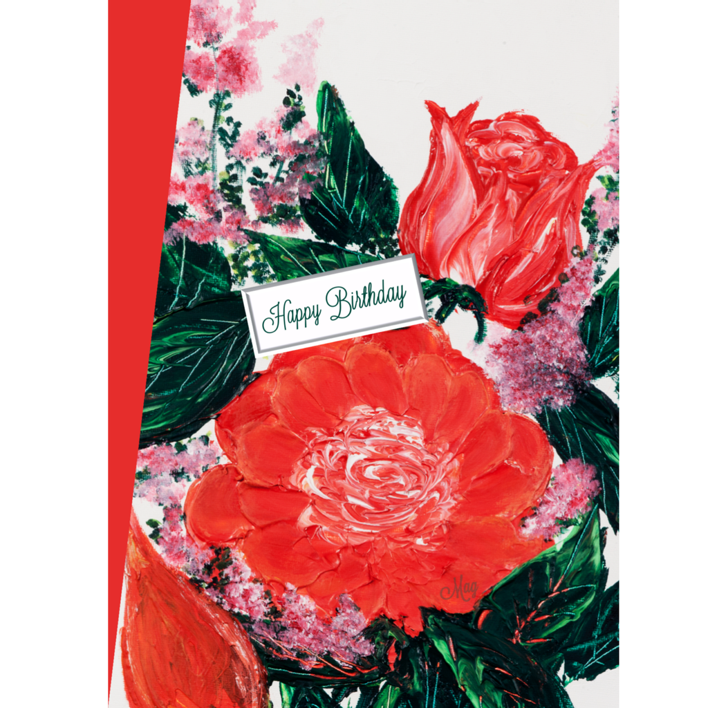 Floral Bloom Card – Happy Birthday Greeting Card with Red & Pink Blossoms