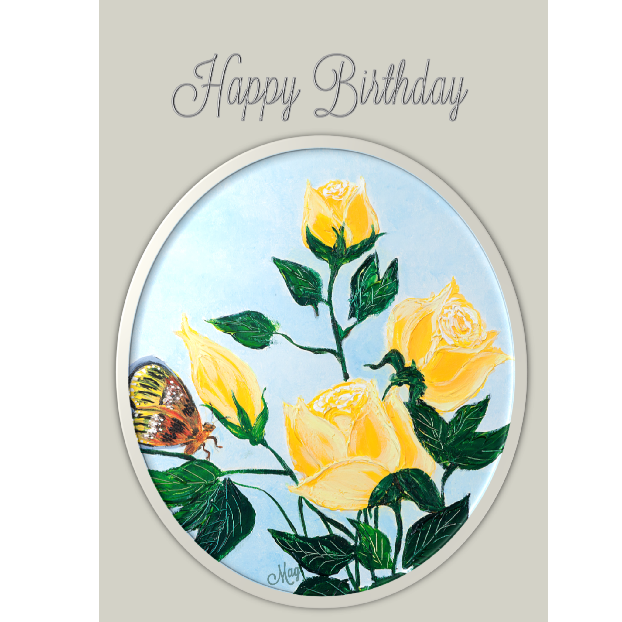 Rose Framed Card – Happy Birthday Greeting Card with Yellow Roses & Butterfly Illustration