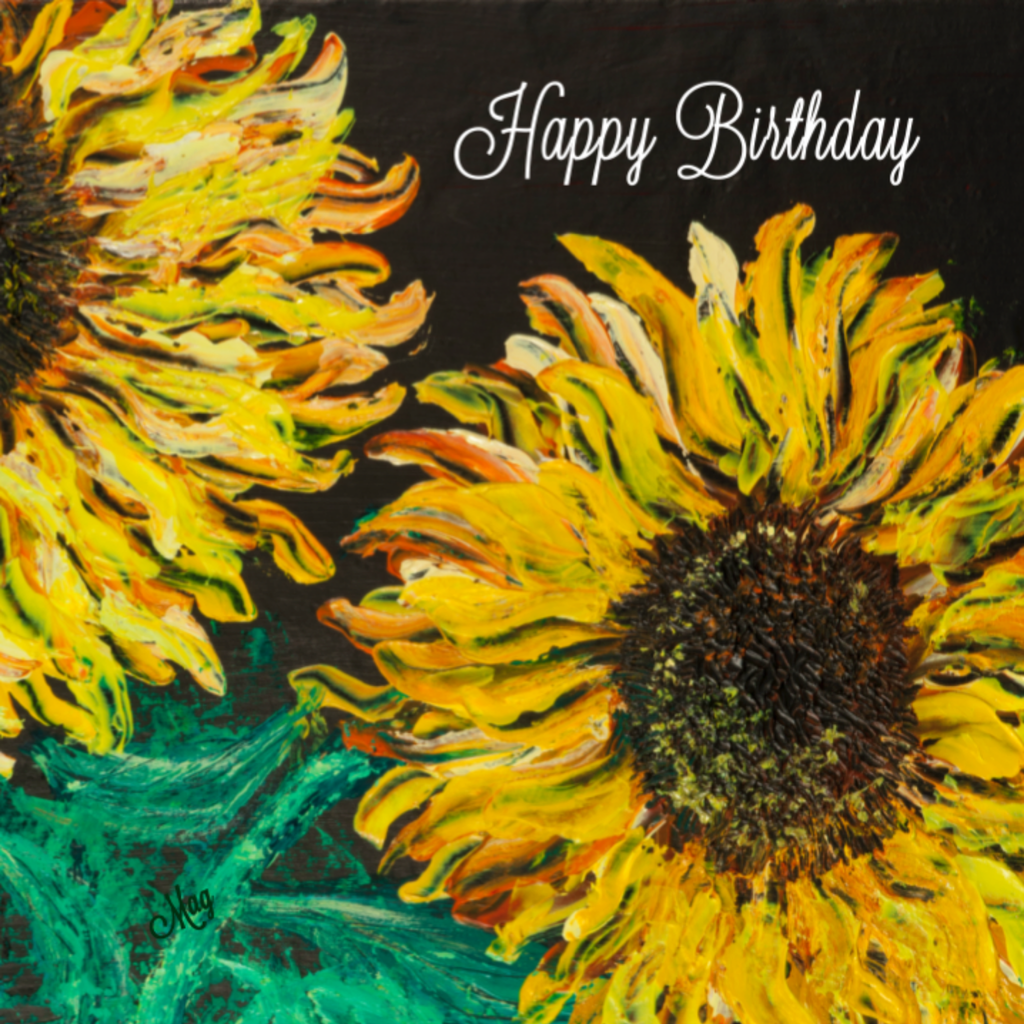 Sunflower Ember Card – Happy Birthday Greeting Card with Bold Sunflower Painting on Dark Background