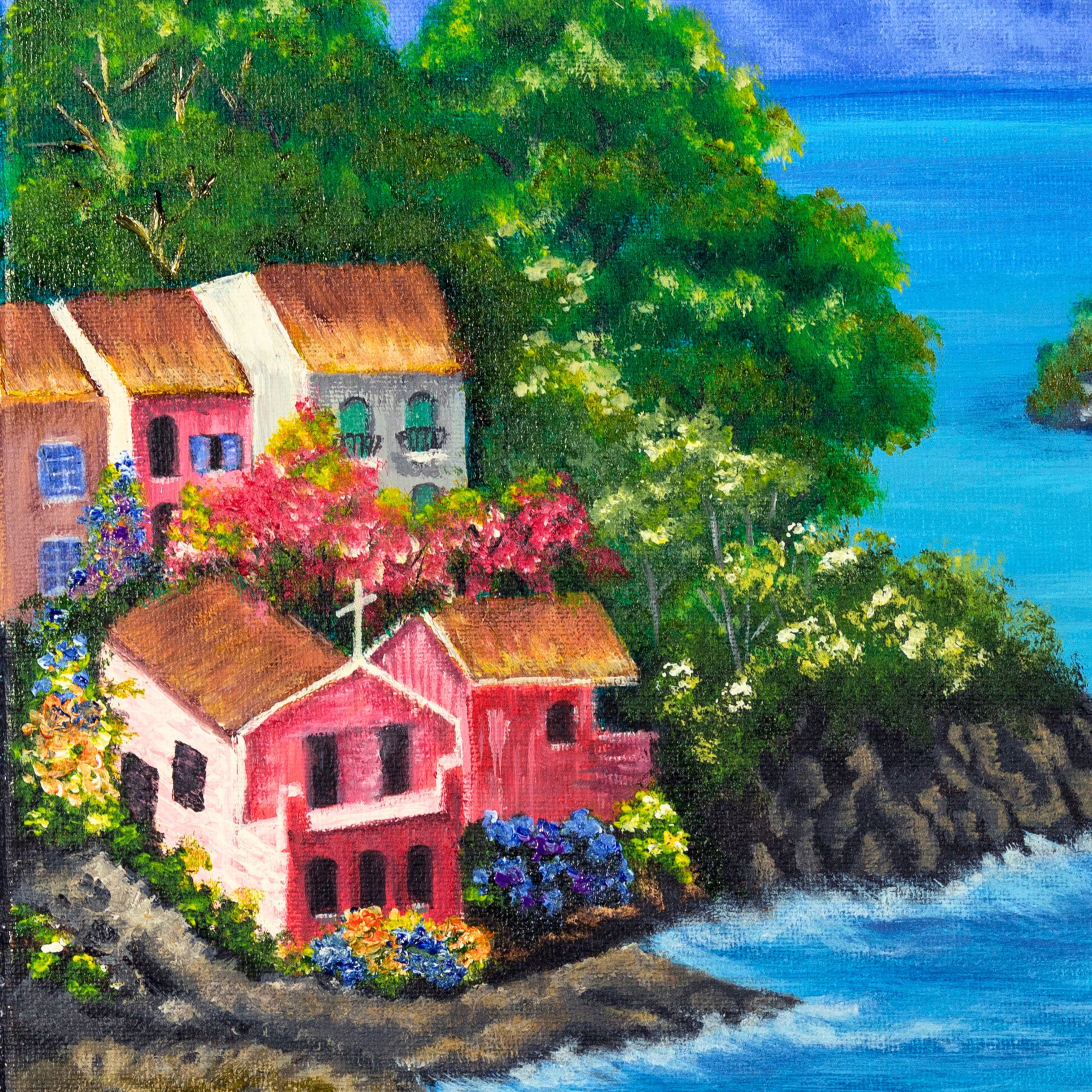 Colourful Coastal Village Canvas Print – Vibrant Seaside Wall Art for Home & Studio