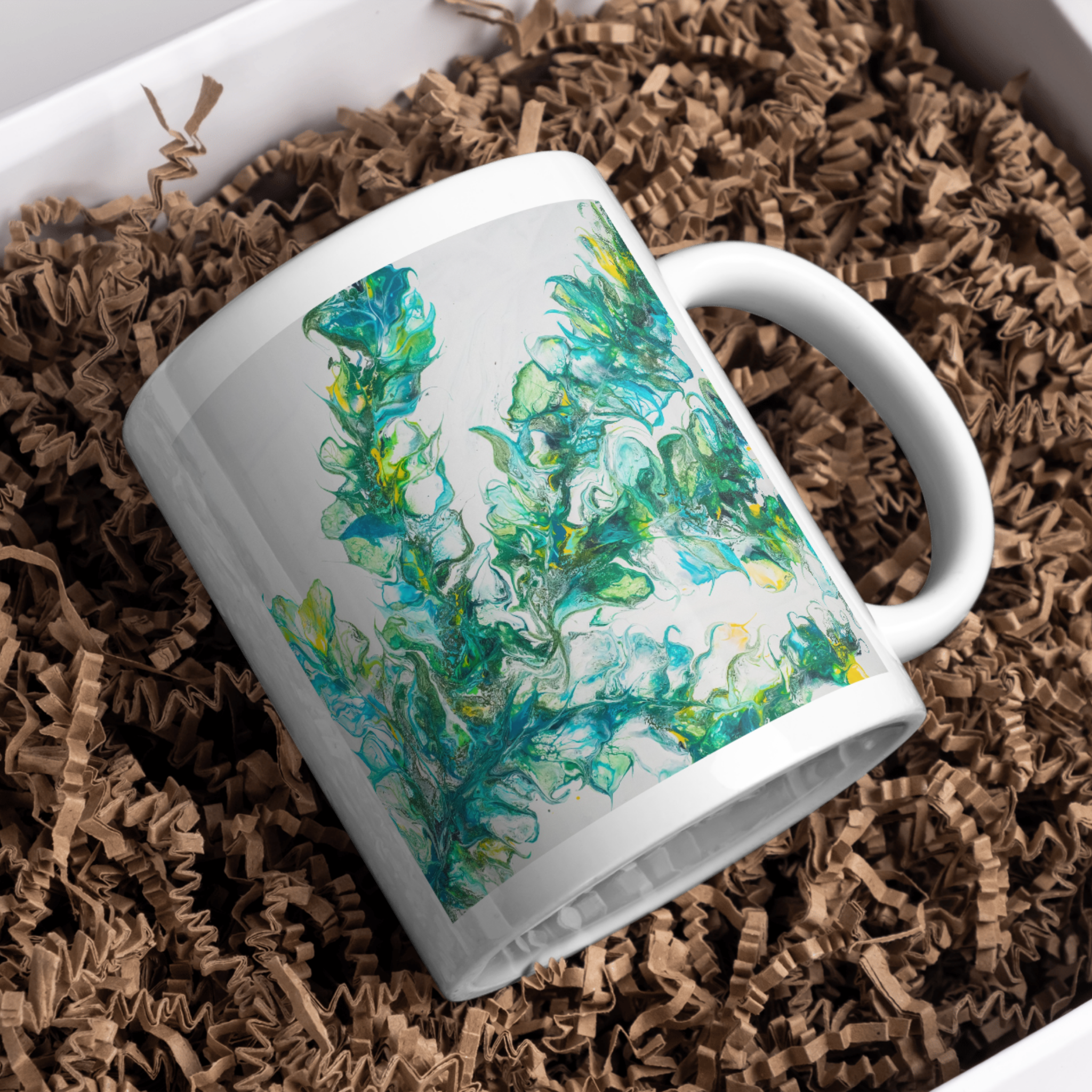 Riverlight Mug – Ceramic Mug with Swirling Abstract Design in Green, Blue & Yellow