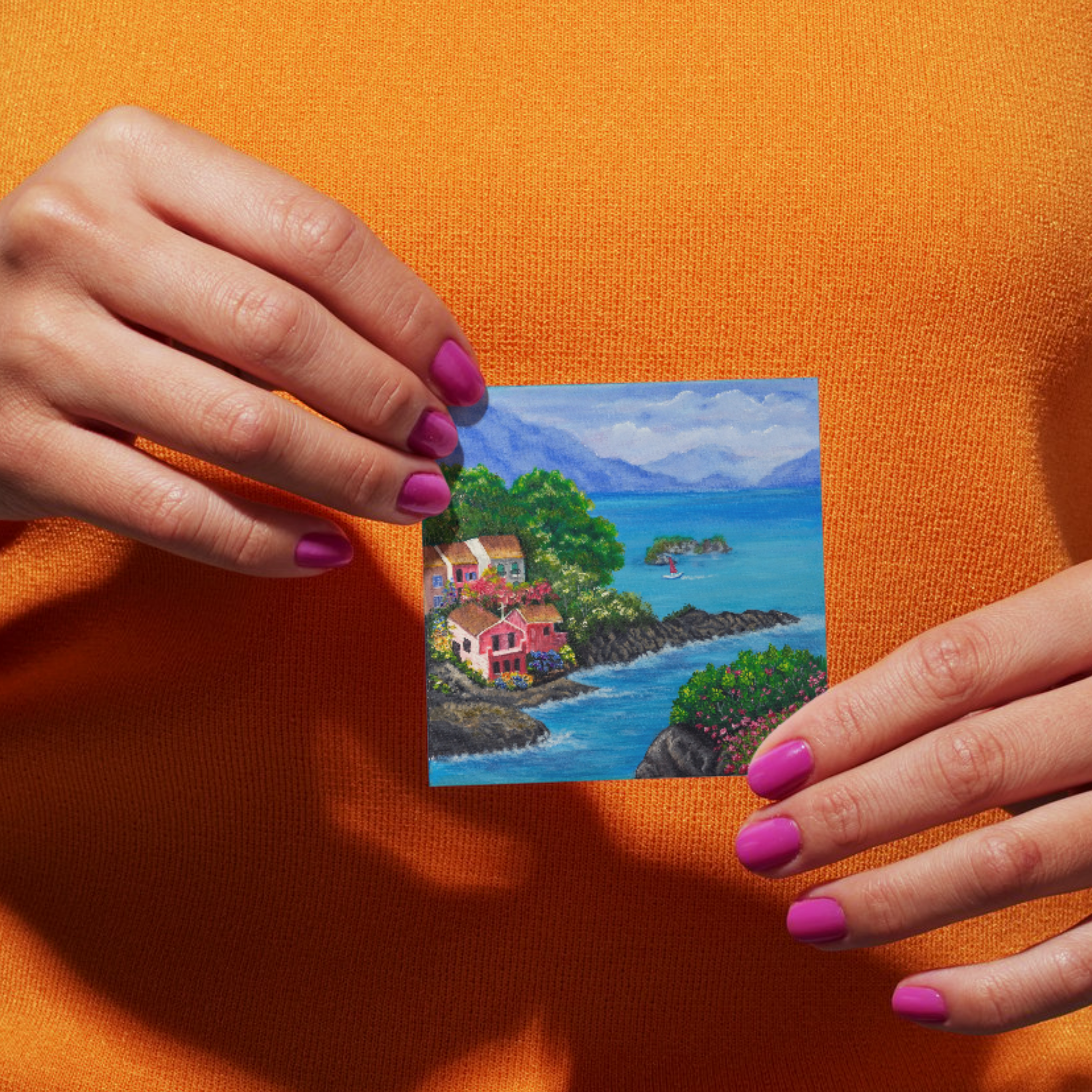 Seaside Bloom Card – Greeting Card with Vibrant Coastal Village & Nature Artwork