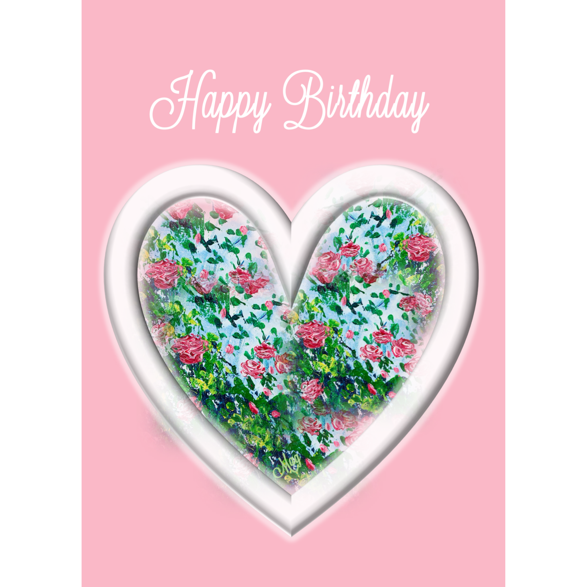 Heart & Roses Card – Happy Birthday Greeting Card with Floral Heart on Pink Background