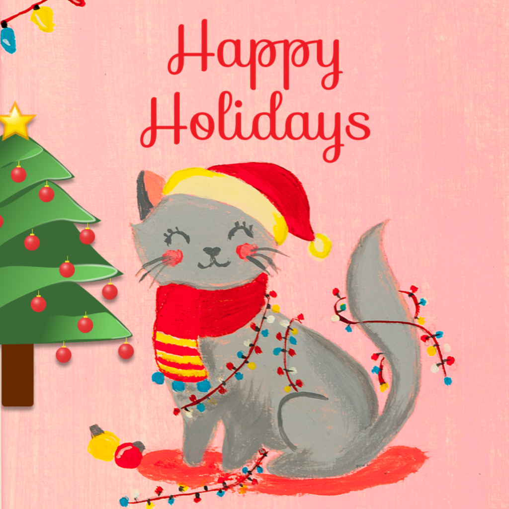 Grey Cat & Fairy Lights Mug – Happy Holidays Cat Ceramic Coffee Mug