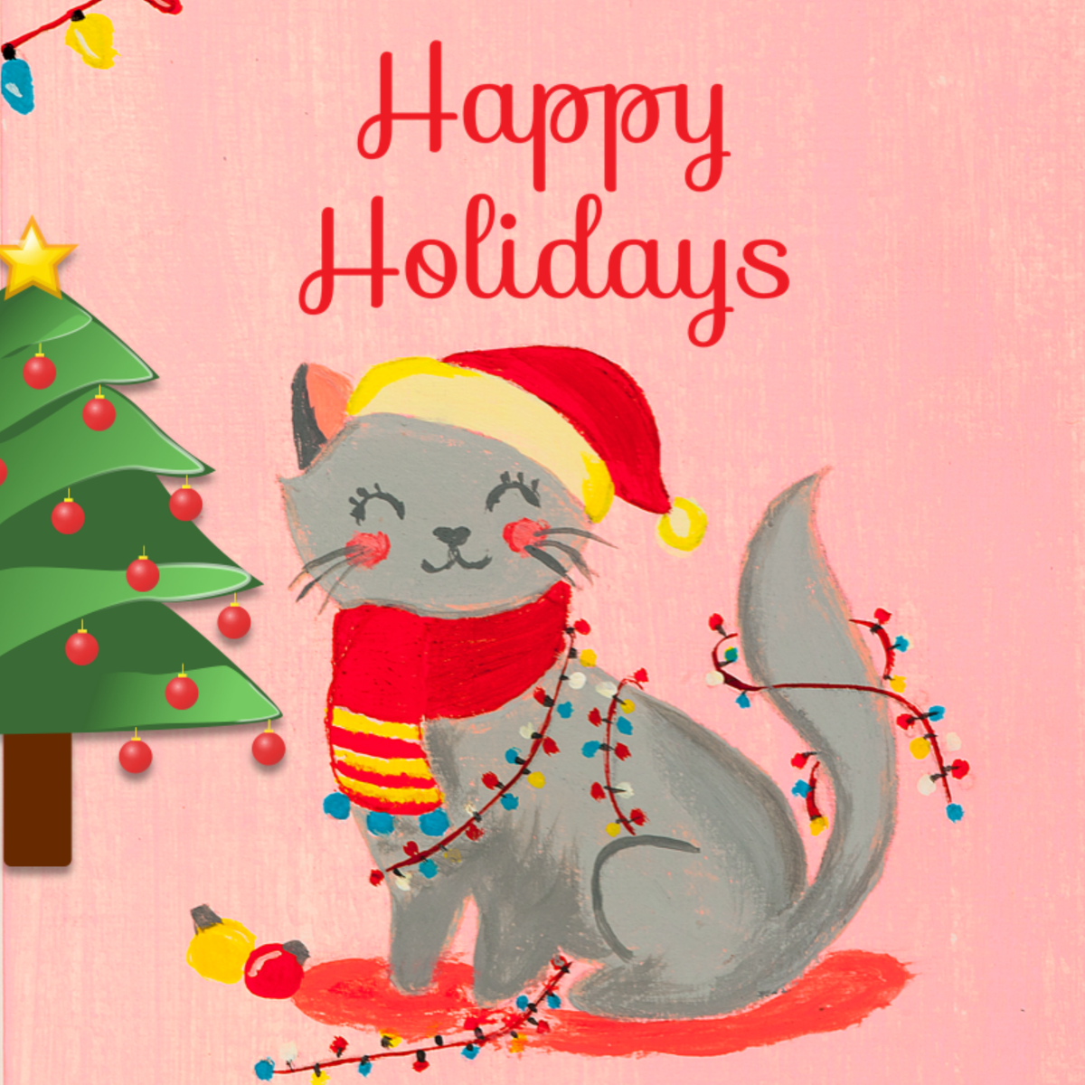 Grey Cat & Fairy Lights Mug – Happy Holidays Cat Ceramic Coffee Mug