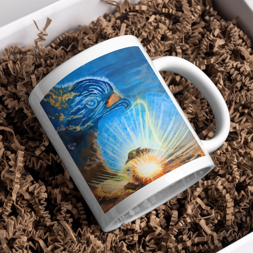 Messenger in the Sky Mug – Ceramic Mug with Surreal Cloud Bird & Sunburst Artwork