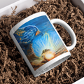 Messenger in the Sky Mug – Ceramic Mug with Surreal Cloud Bird & Sunburst Artwork